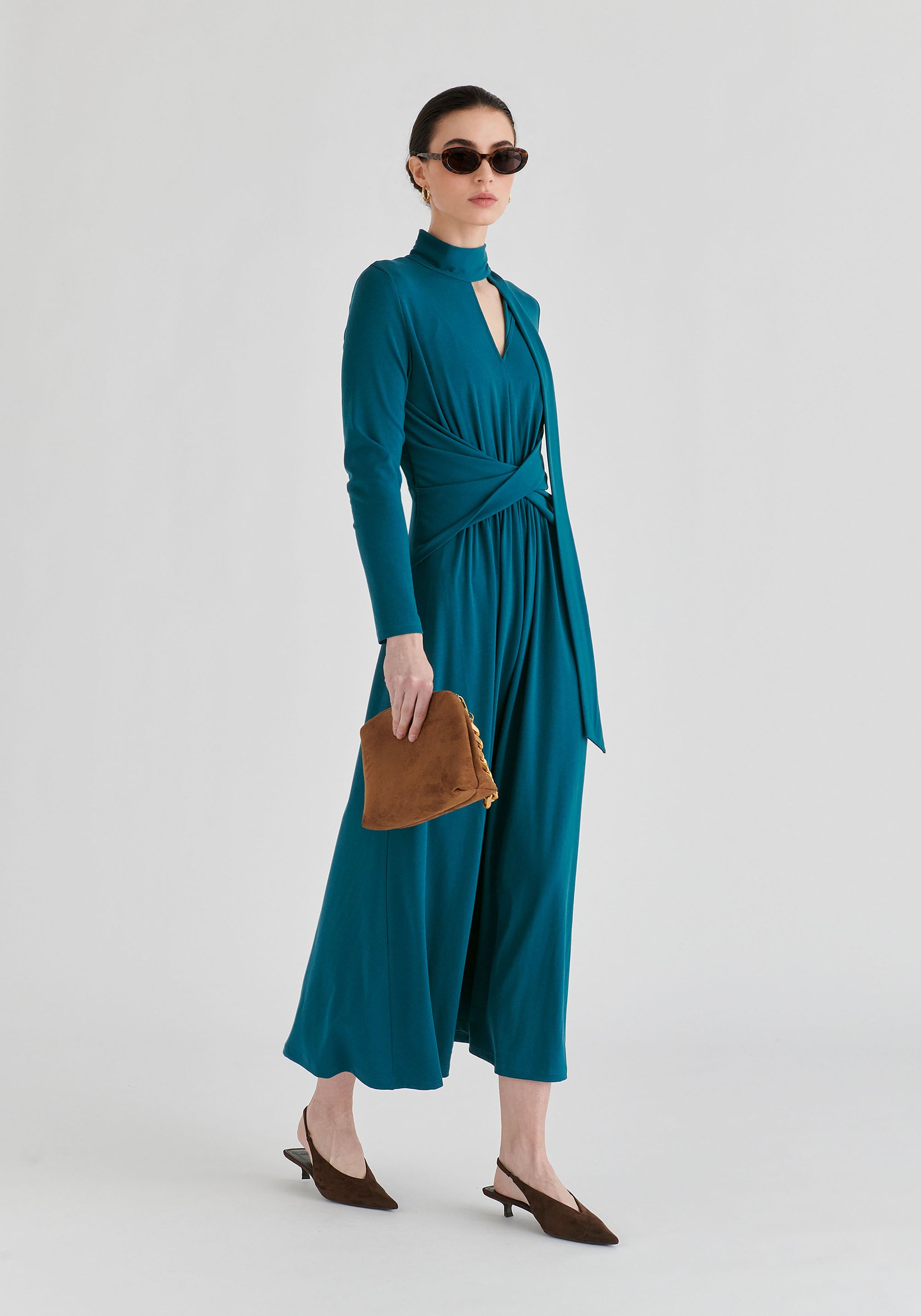 Lyocell Jersey Midi Dress with Cross Front Waist and Convertible Scarf