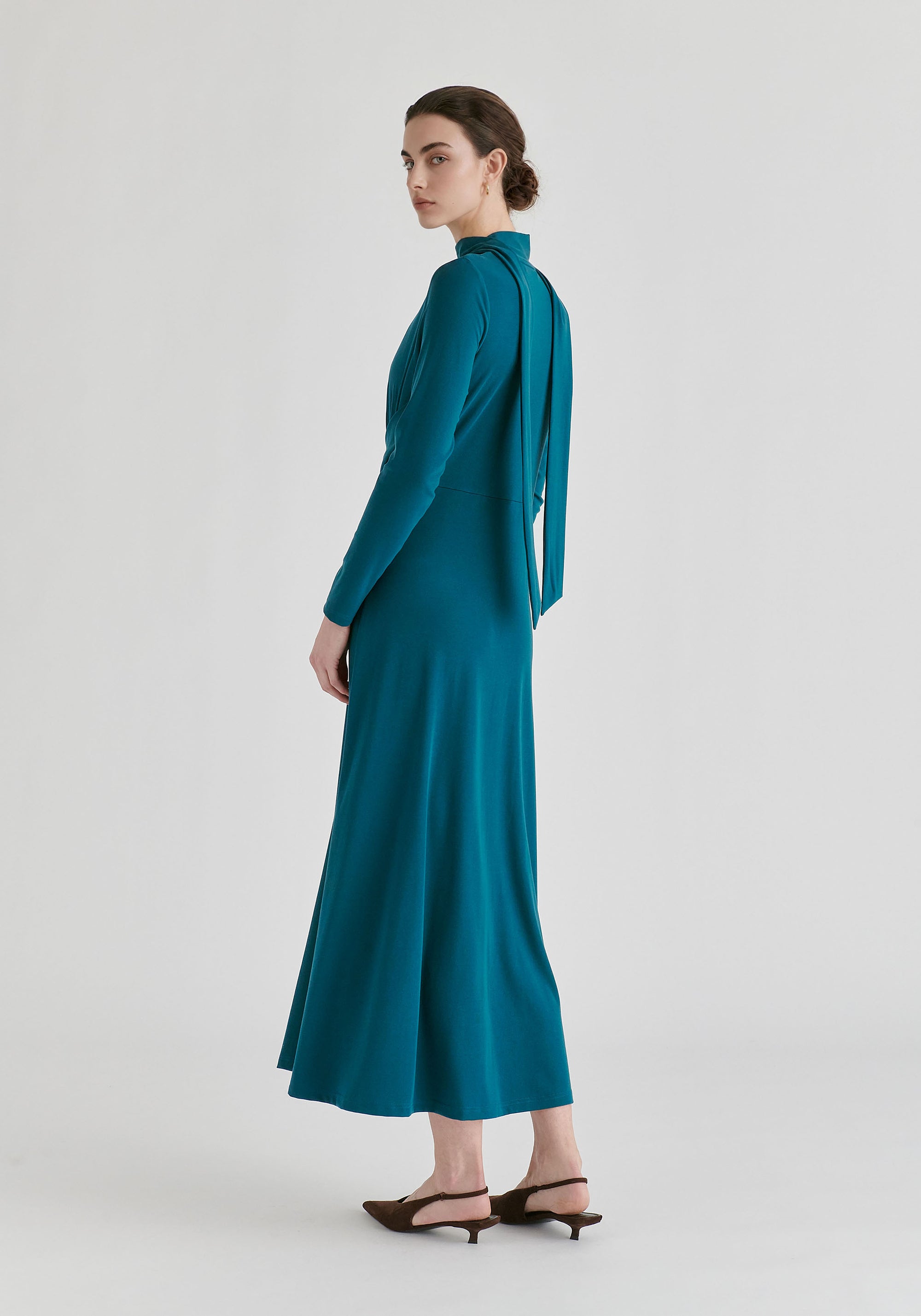 Lyocell Jersey Midi Dress with Cross Front Waist and Convertible Scarf