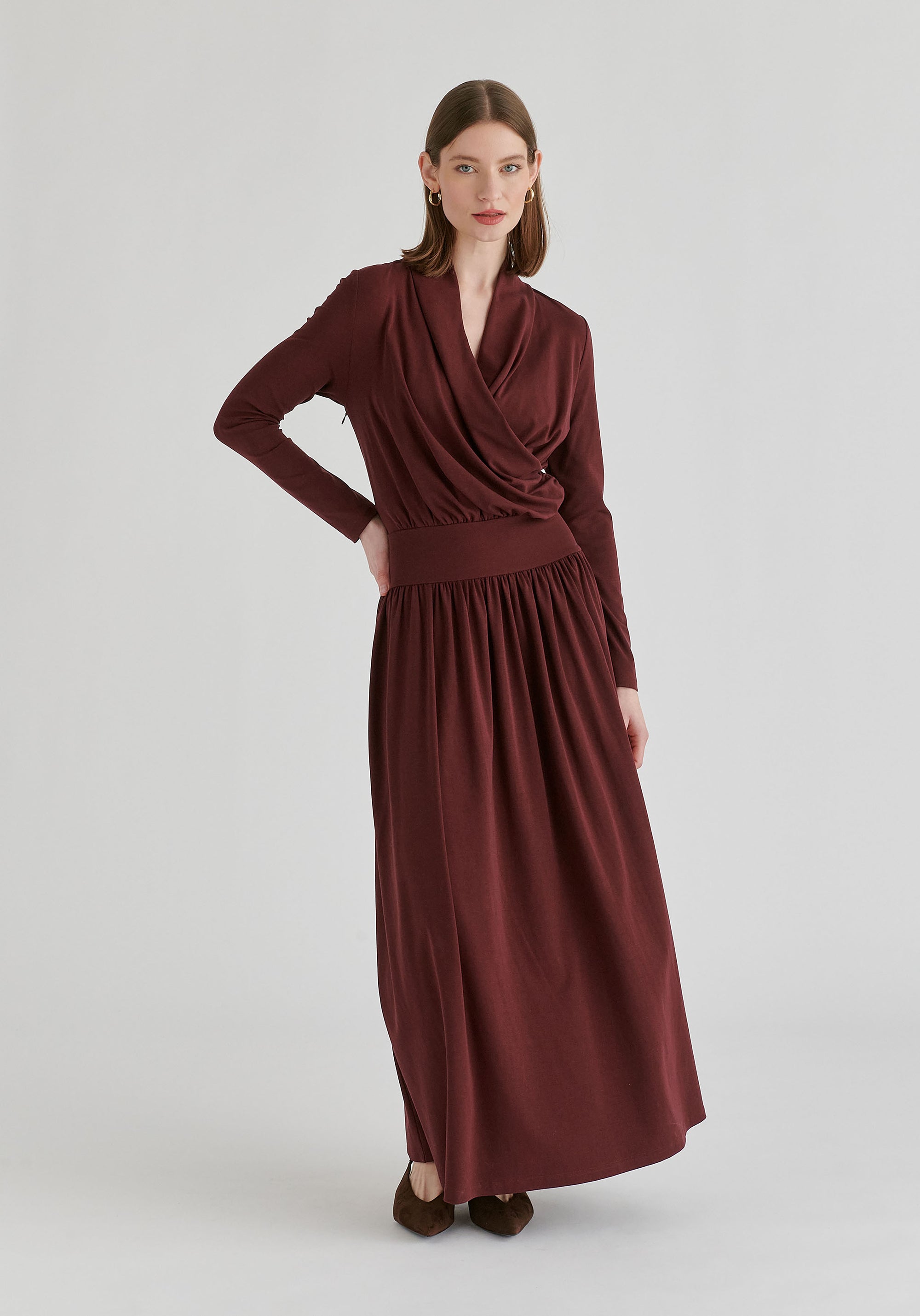 Surplice V-Neck Lyocell Jersey Maxi Dress with Wide Waistband