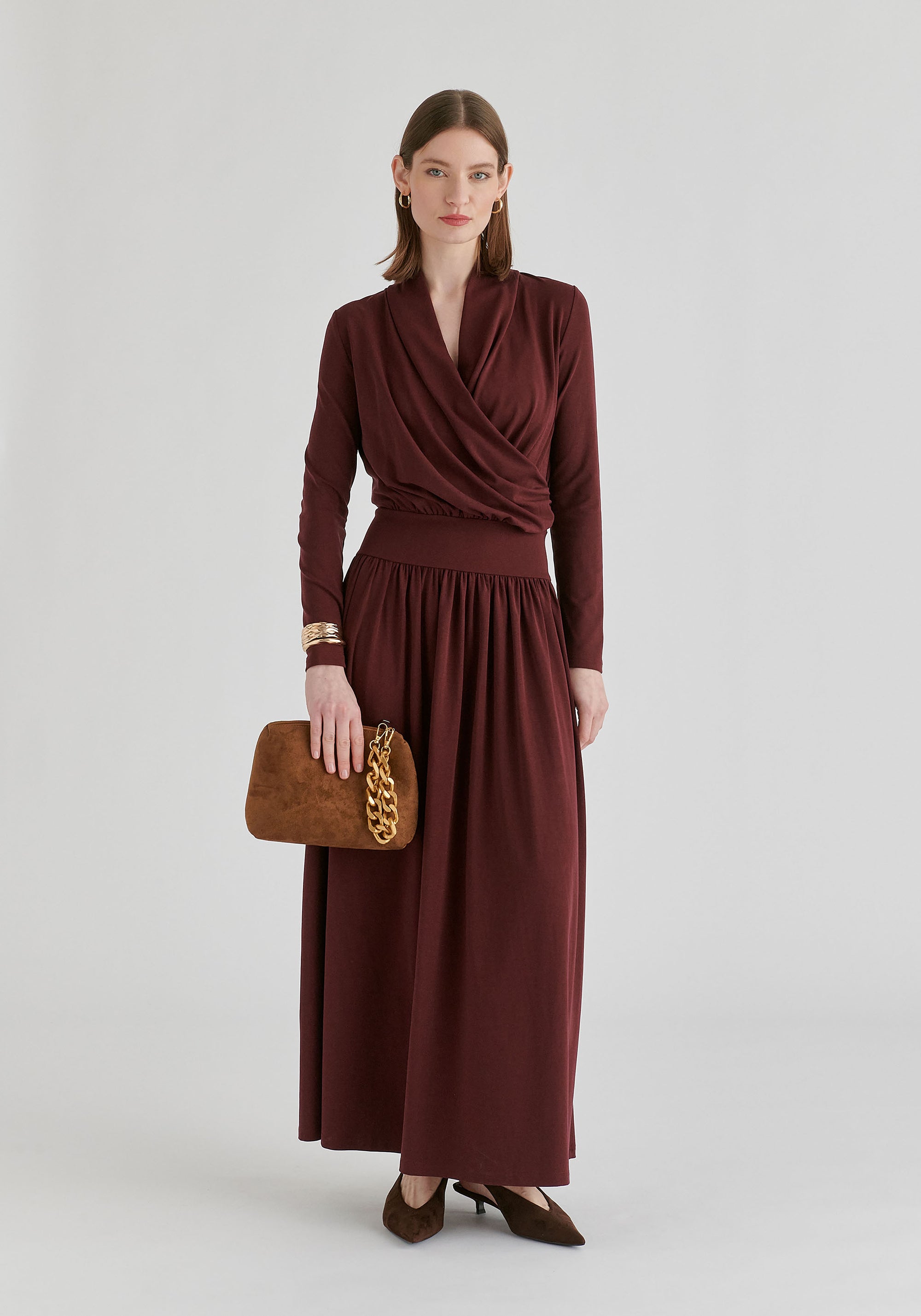 Surplice V-Neck Lyocell Jersey Maxi Dress with Wide Waistband