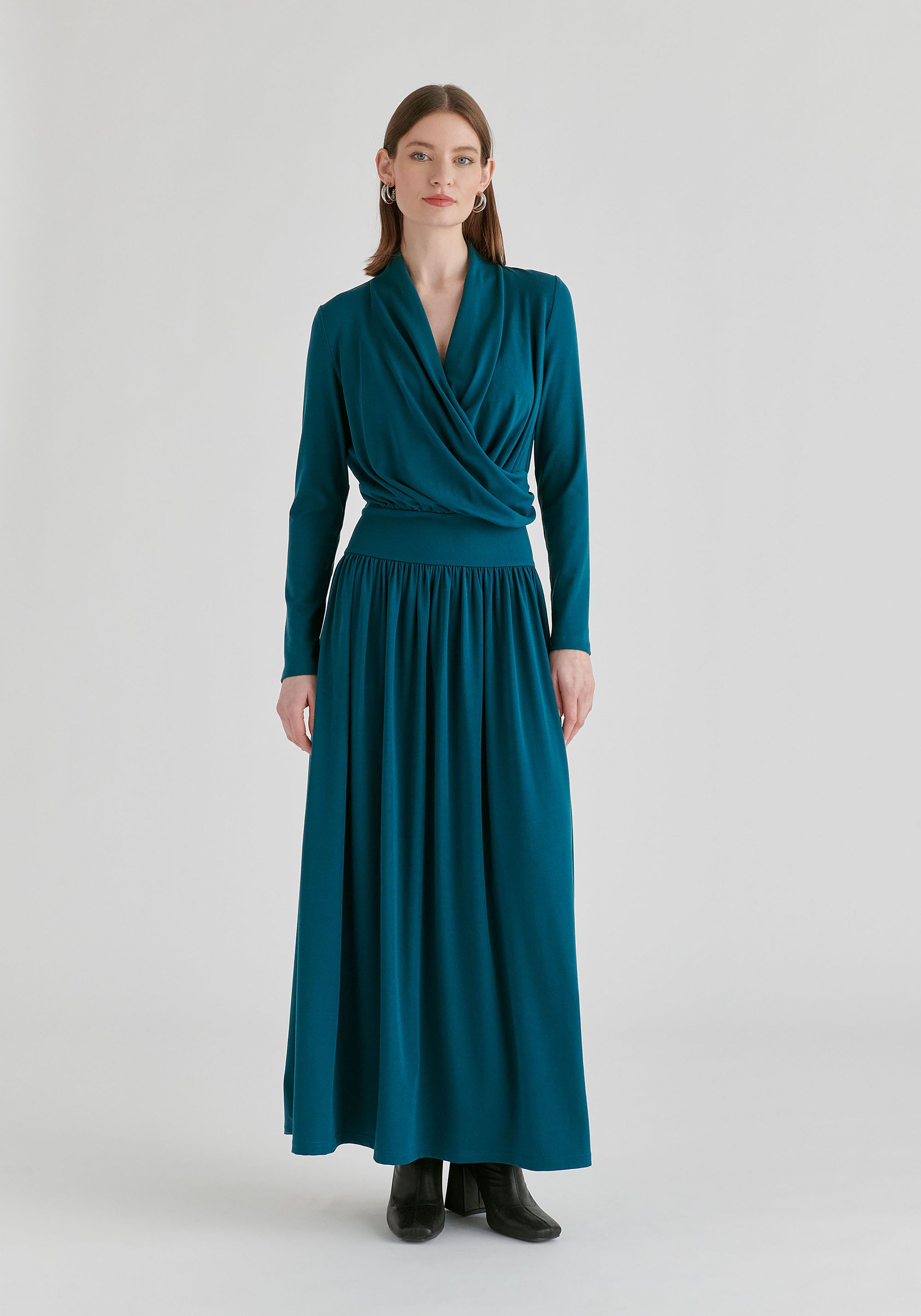 Surplice V-Neck Lyocell Jersey Maxi Dress with Wide Waistband