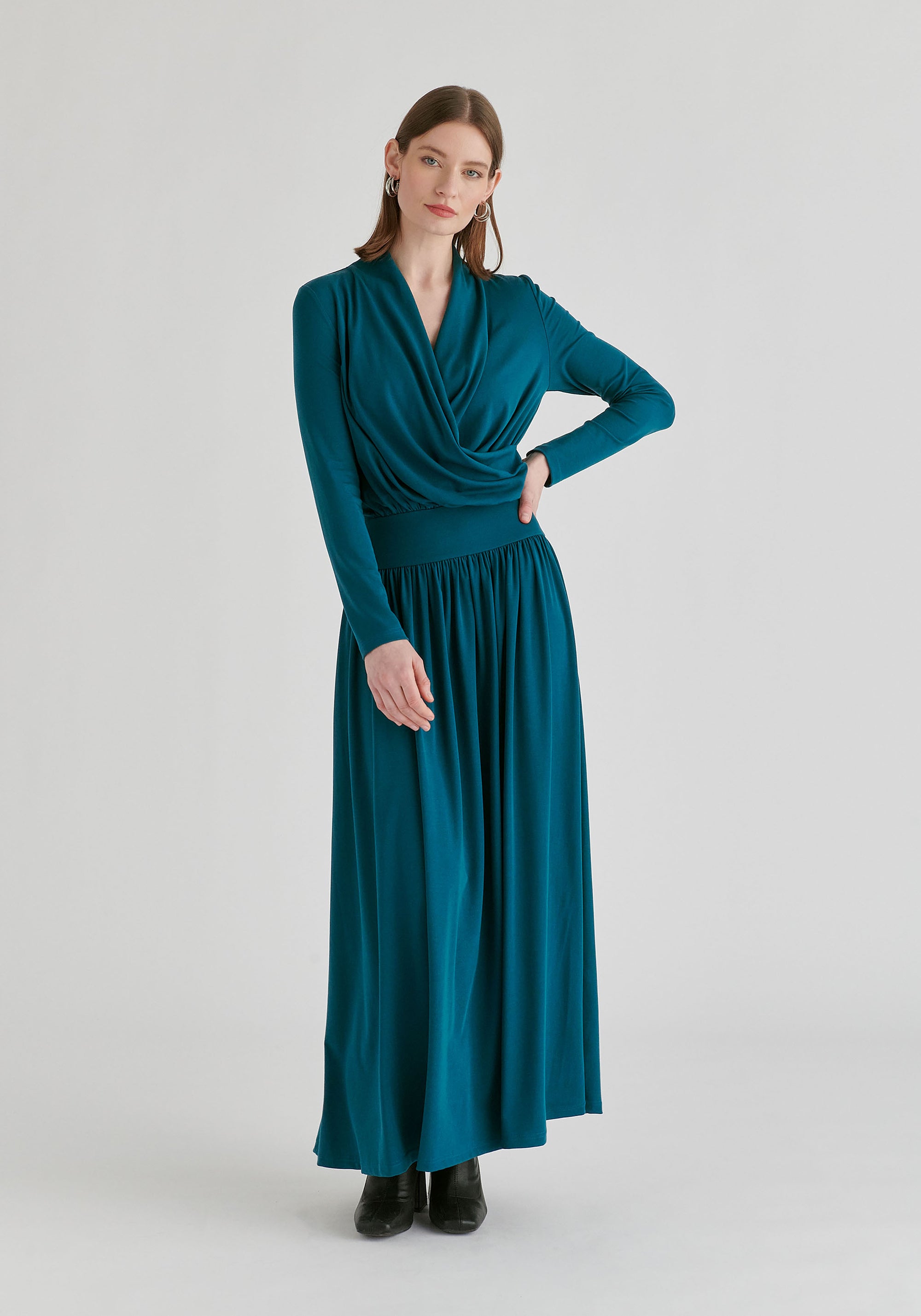 Surplice V-Neck Lyocell Jersey Maxi Dress with Wide Waistband