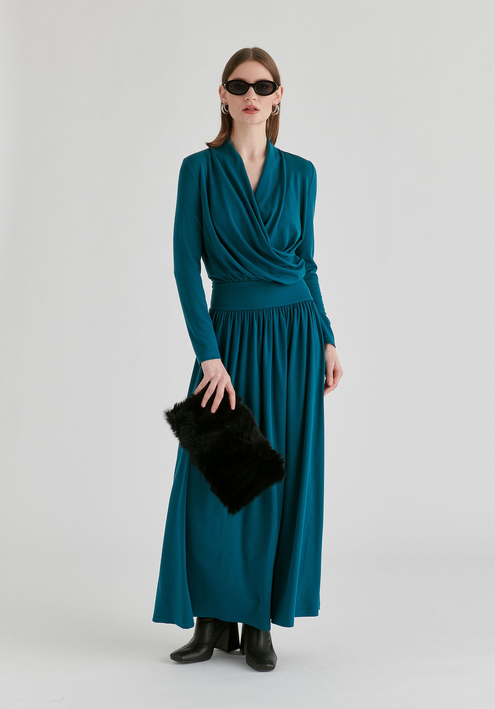 Surplice V-Neck Lyocell Jersey Maxi Dress with Wide Waistband