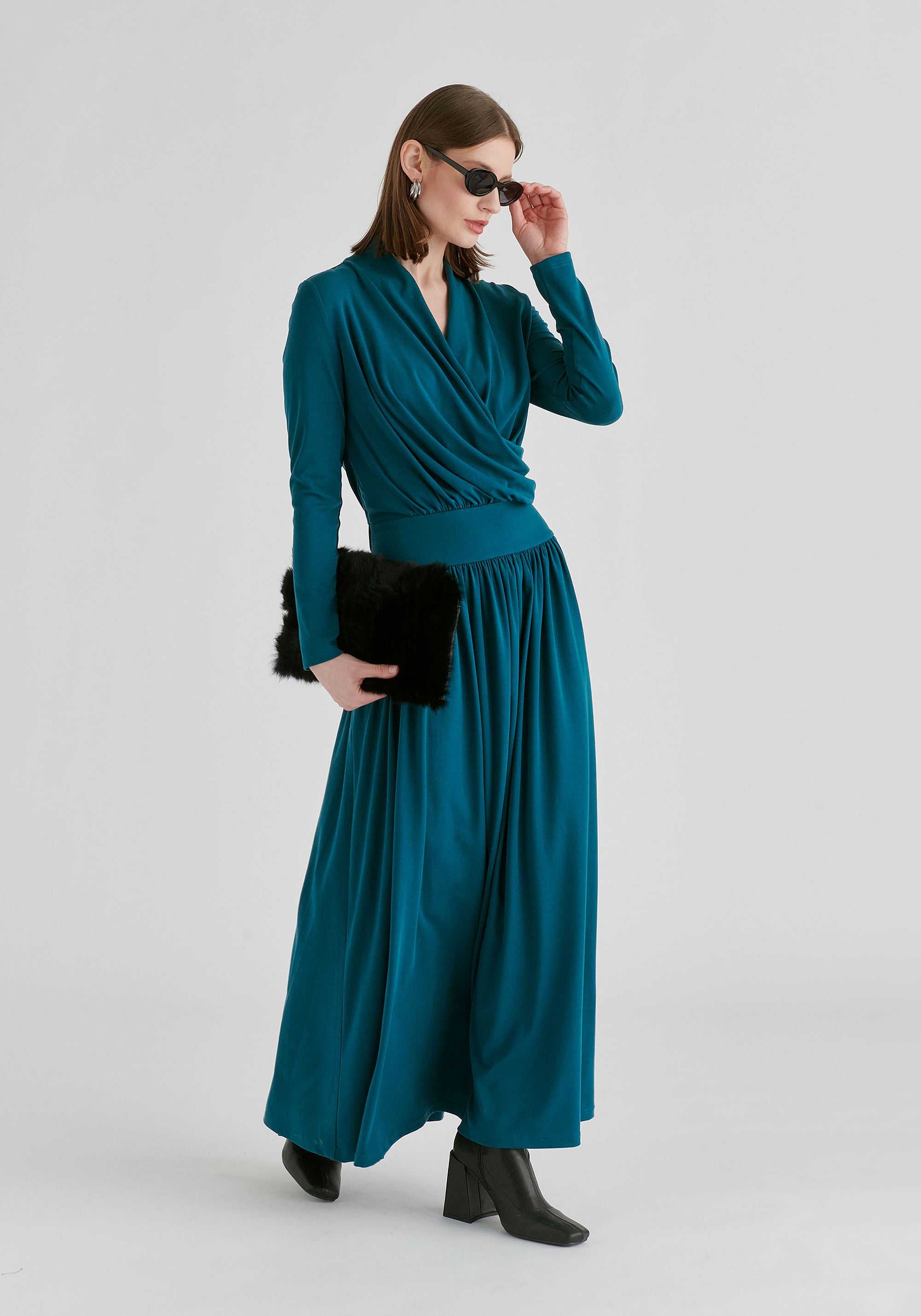 Surplice V-Neck Lyocell Jersey Maxi Dress with Wide Waistband