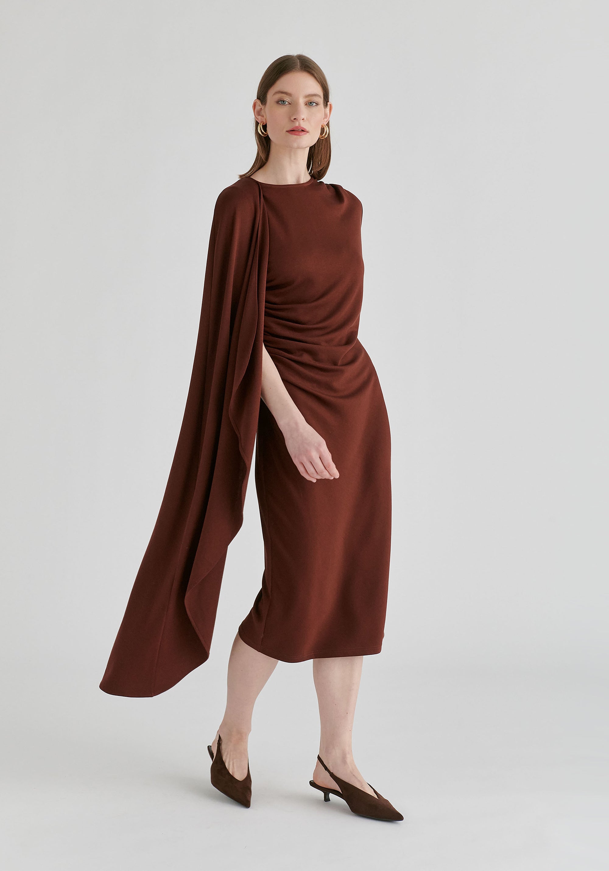 Asymmetrical Cape Sleeve Lyocell Jersey Midi Dress