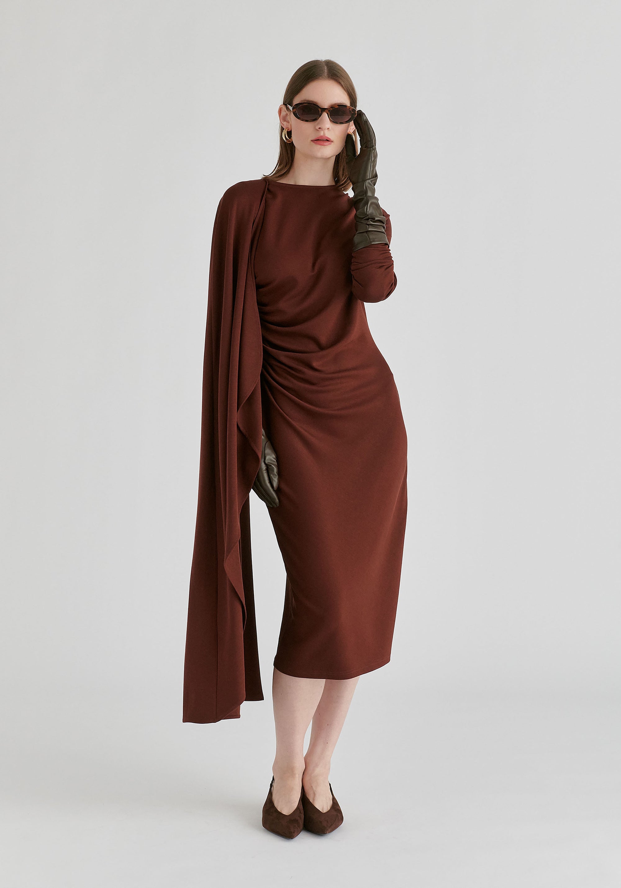 Asymmetrical Cape Sleeve Lyocell Jersey Midi Dress