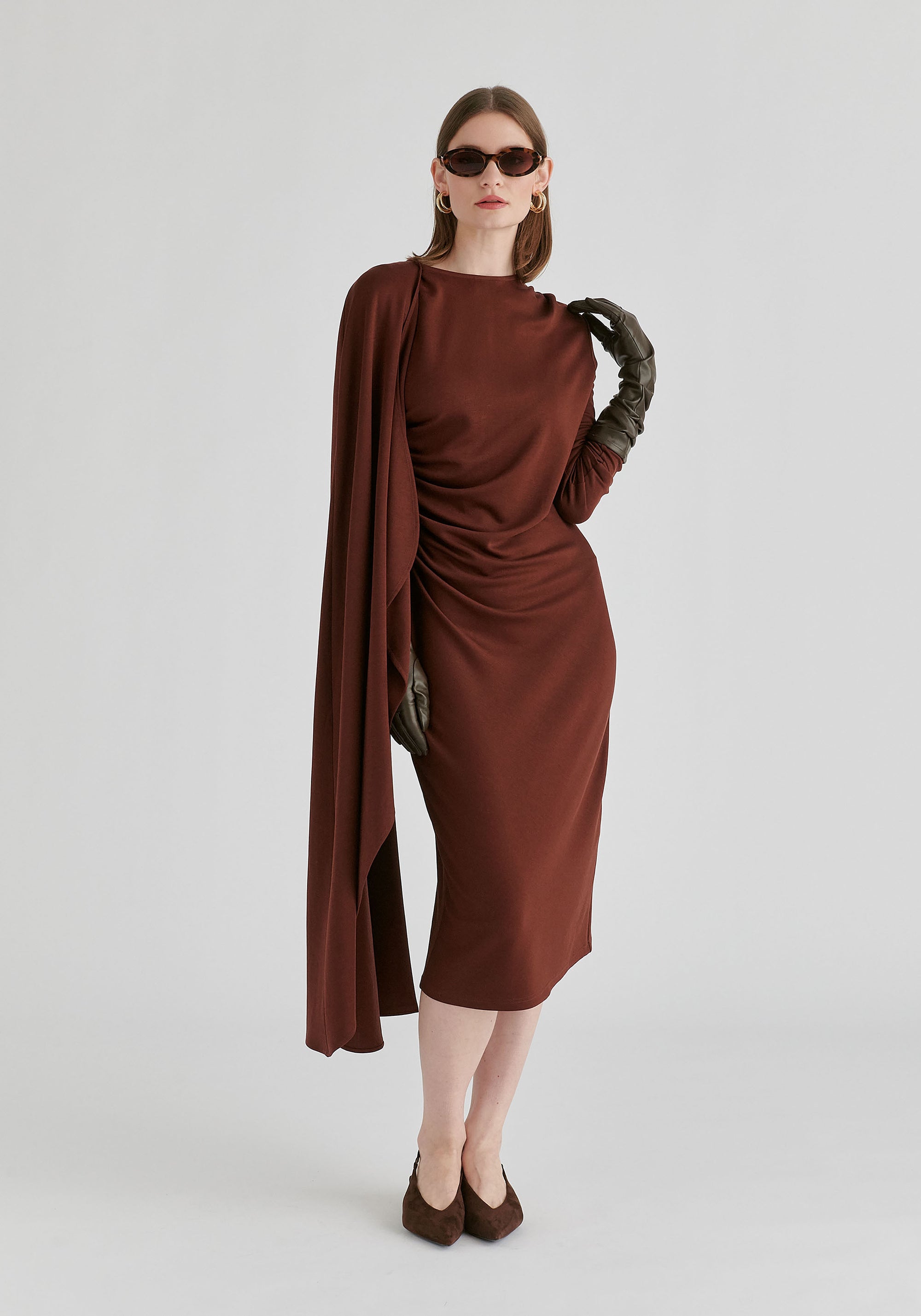 Asymmetrical Cape Sleeve Lyocell Jersey Midi Dress