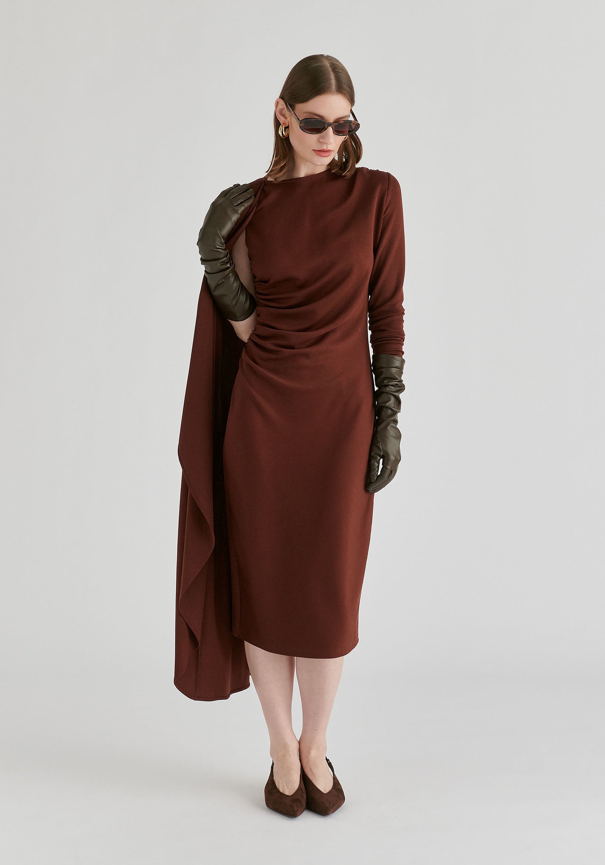 Asymmetrical Cape Sleeve Lyocell Jersey Midi Dress