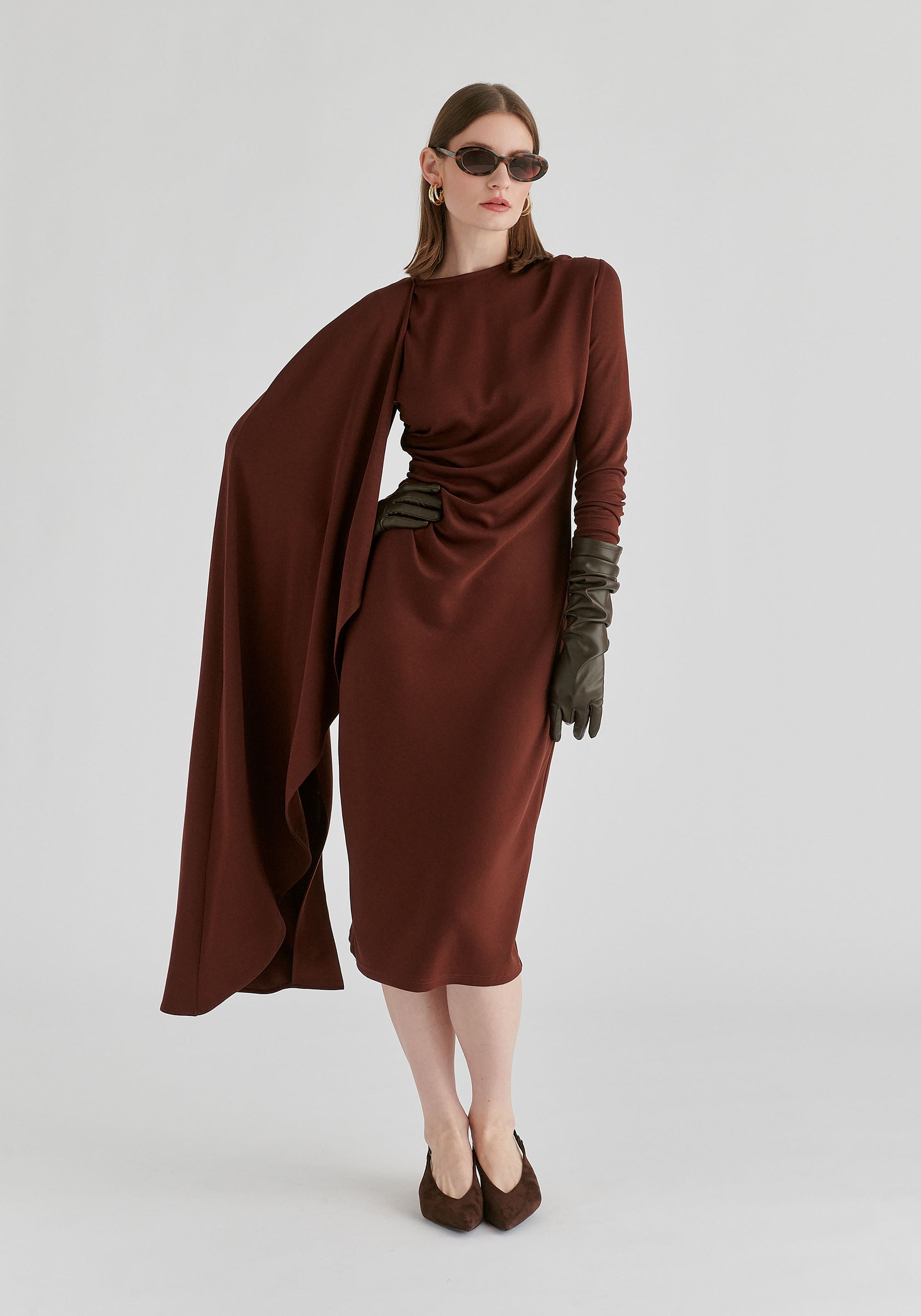 Asymmetrical Cape Sleeve Lyocell Jersey Midi Dress
