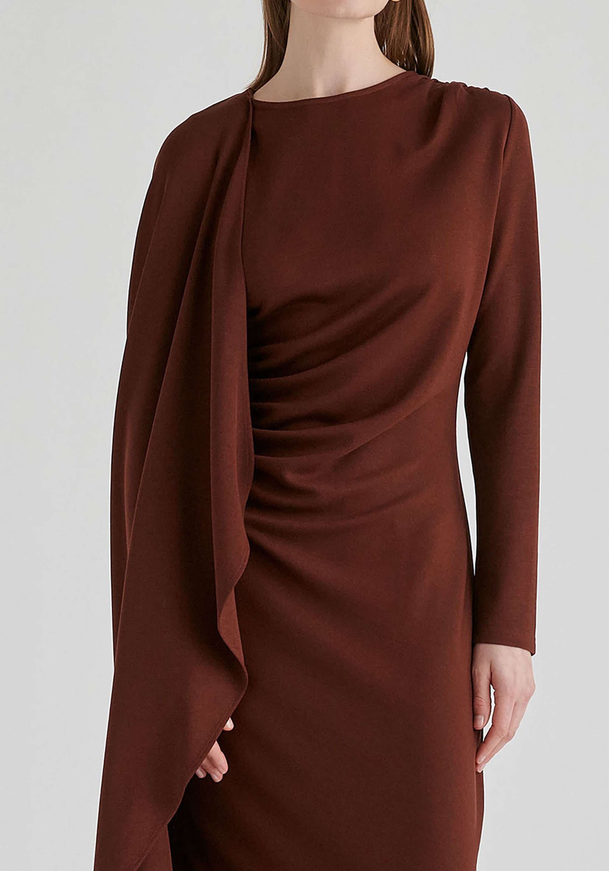 Asymmetrical Cape Sleeve Lyocell Jersey Midi Dress