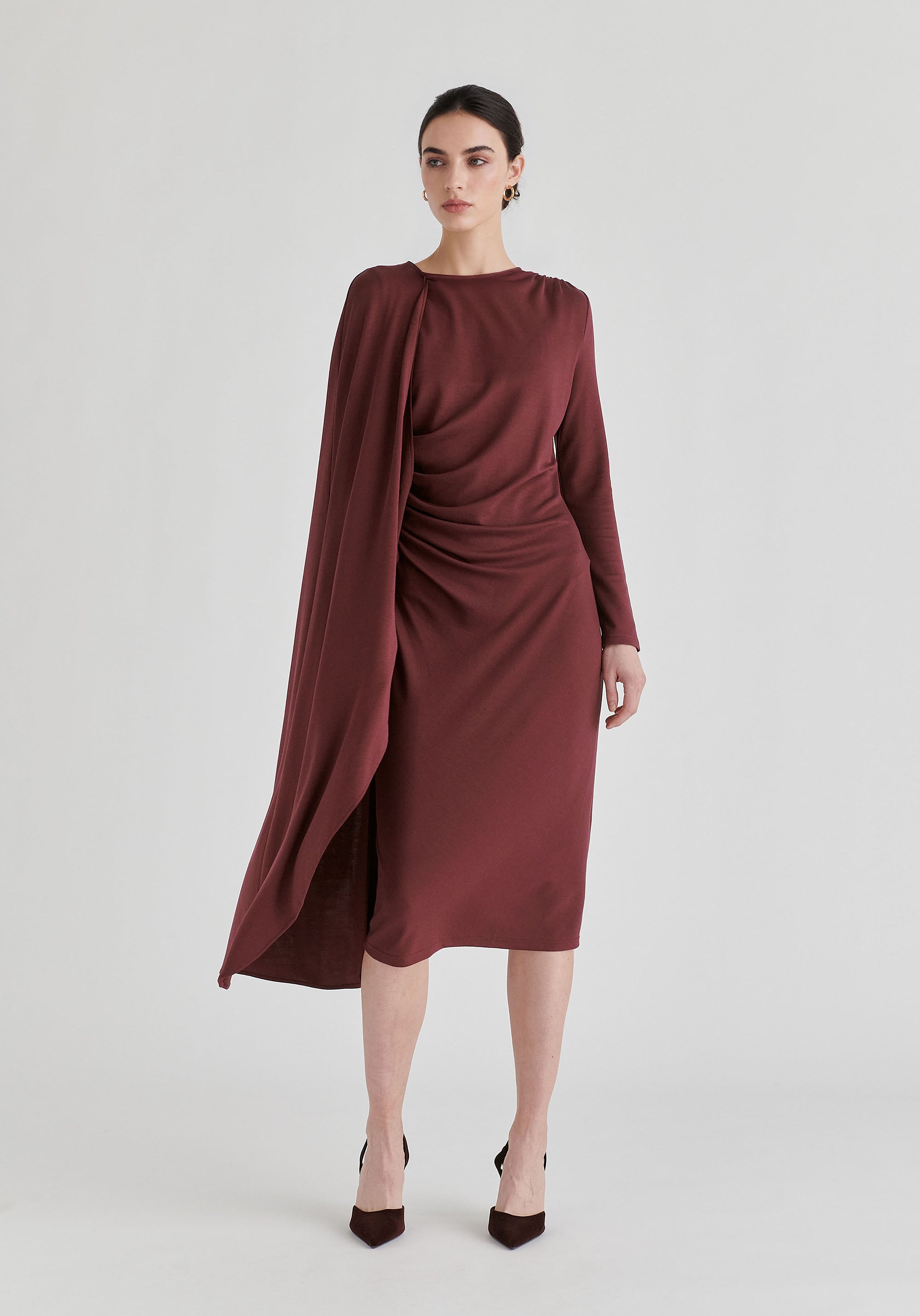 Asymmetrical Cape Sleeve Lyocell Jersey Midi Dress