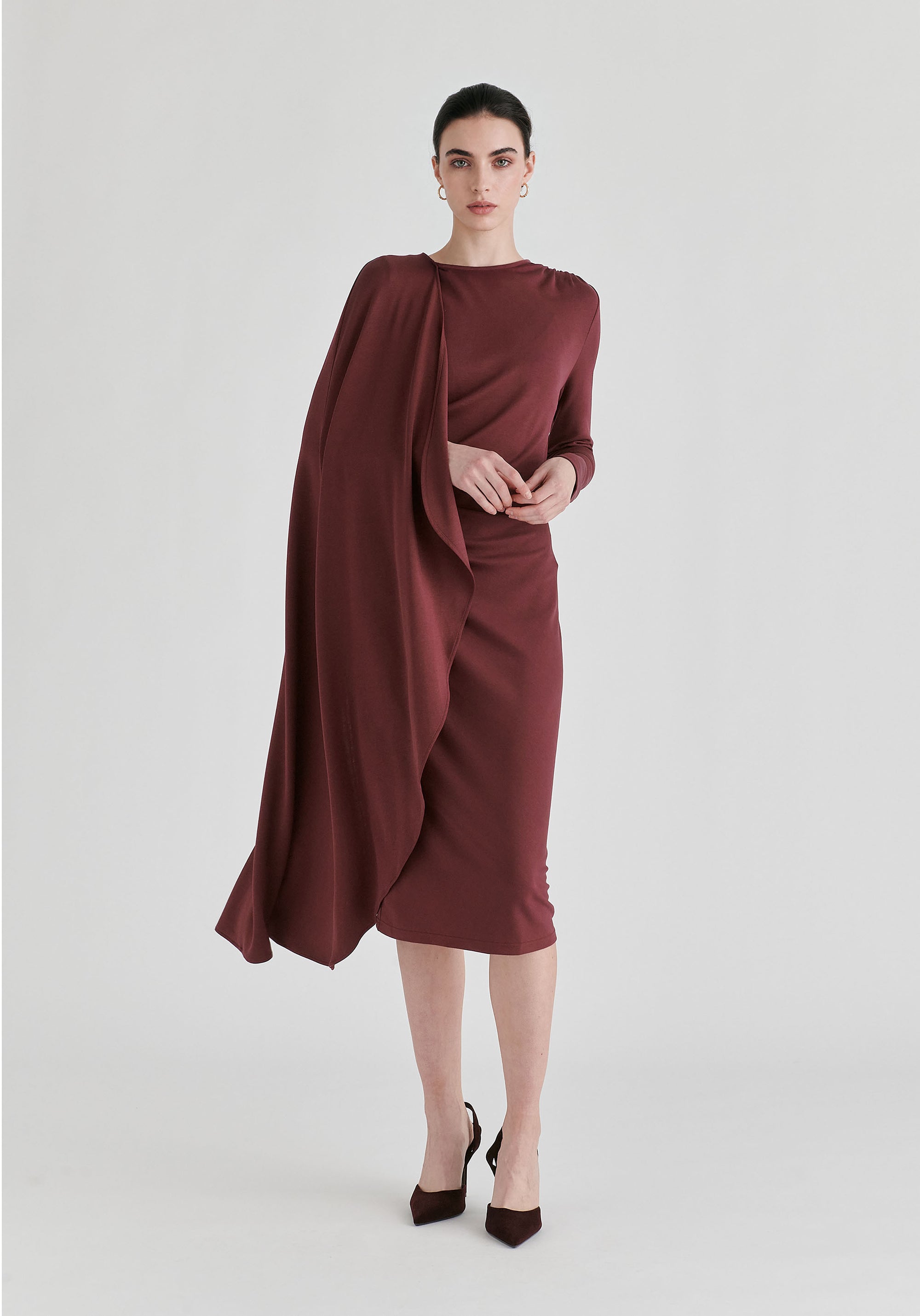 Asymmetrical Cape Sleeve Lyocell Jersey Midi Dress