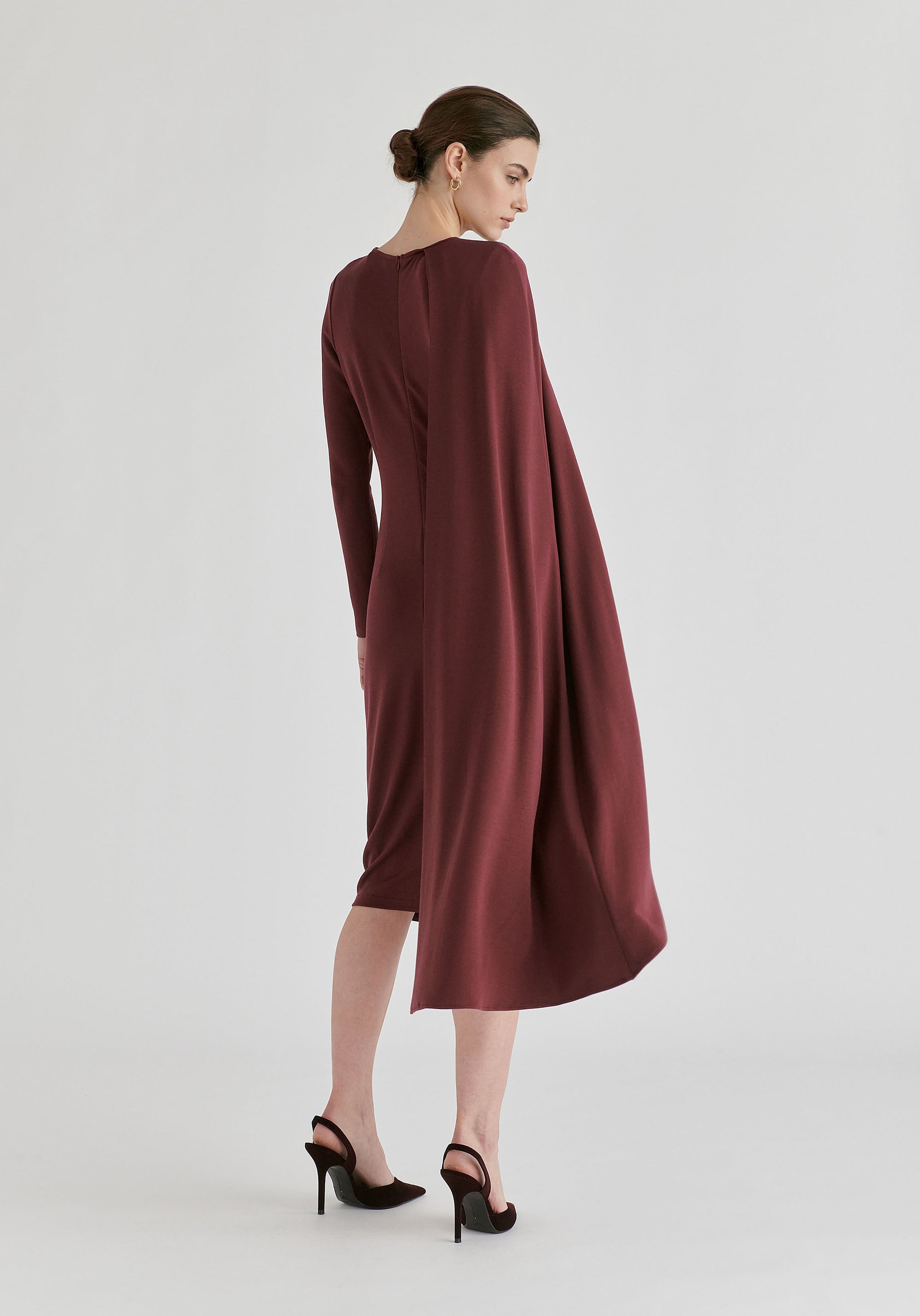 Asymmetrical Cape Sleeve Lyocell Jersey Midi Dress