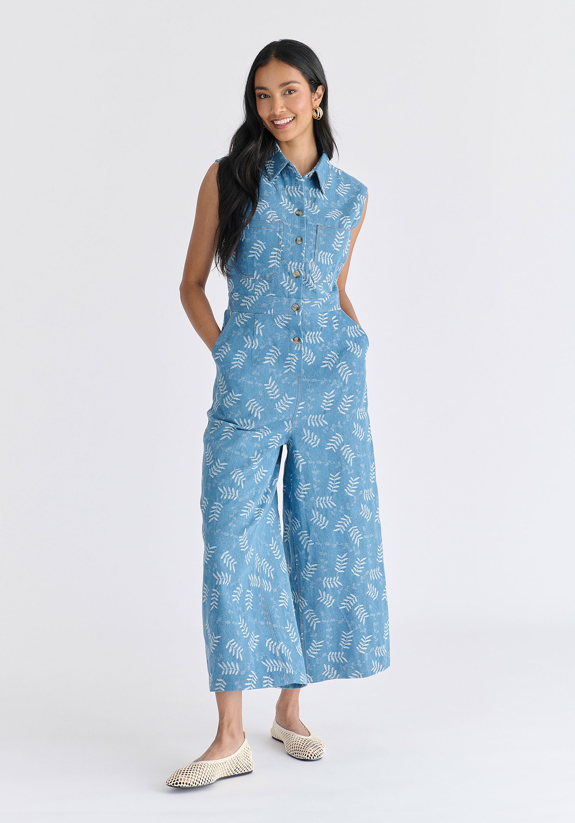 Wide Leg Denim Jumpsuits in Leaf Pattern