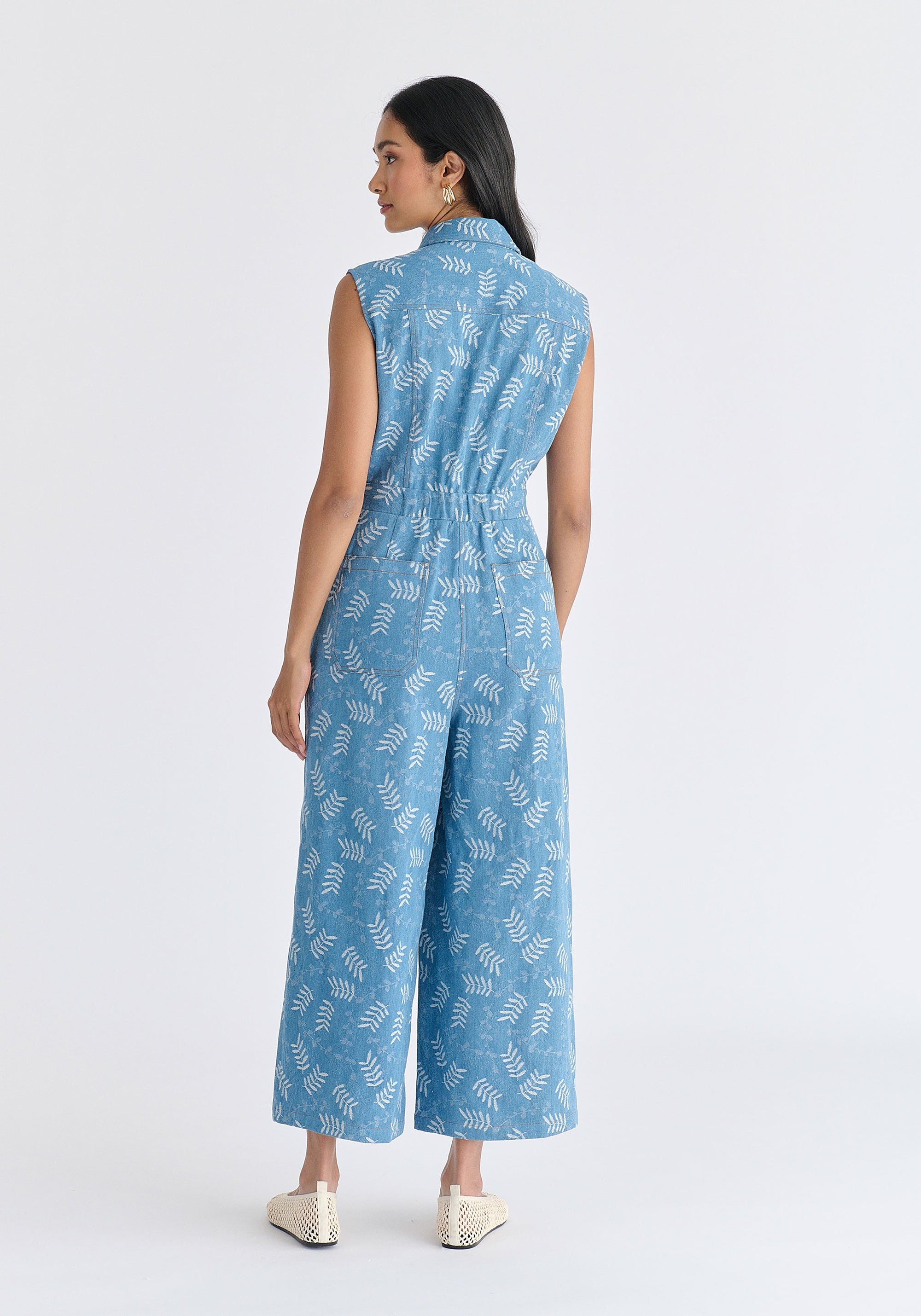 Wide Leg Denim Jumpsuits in Leaf Pattern