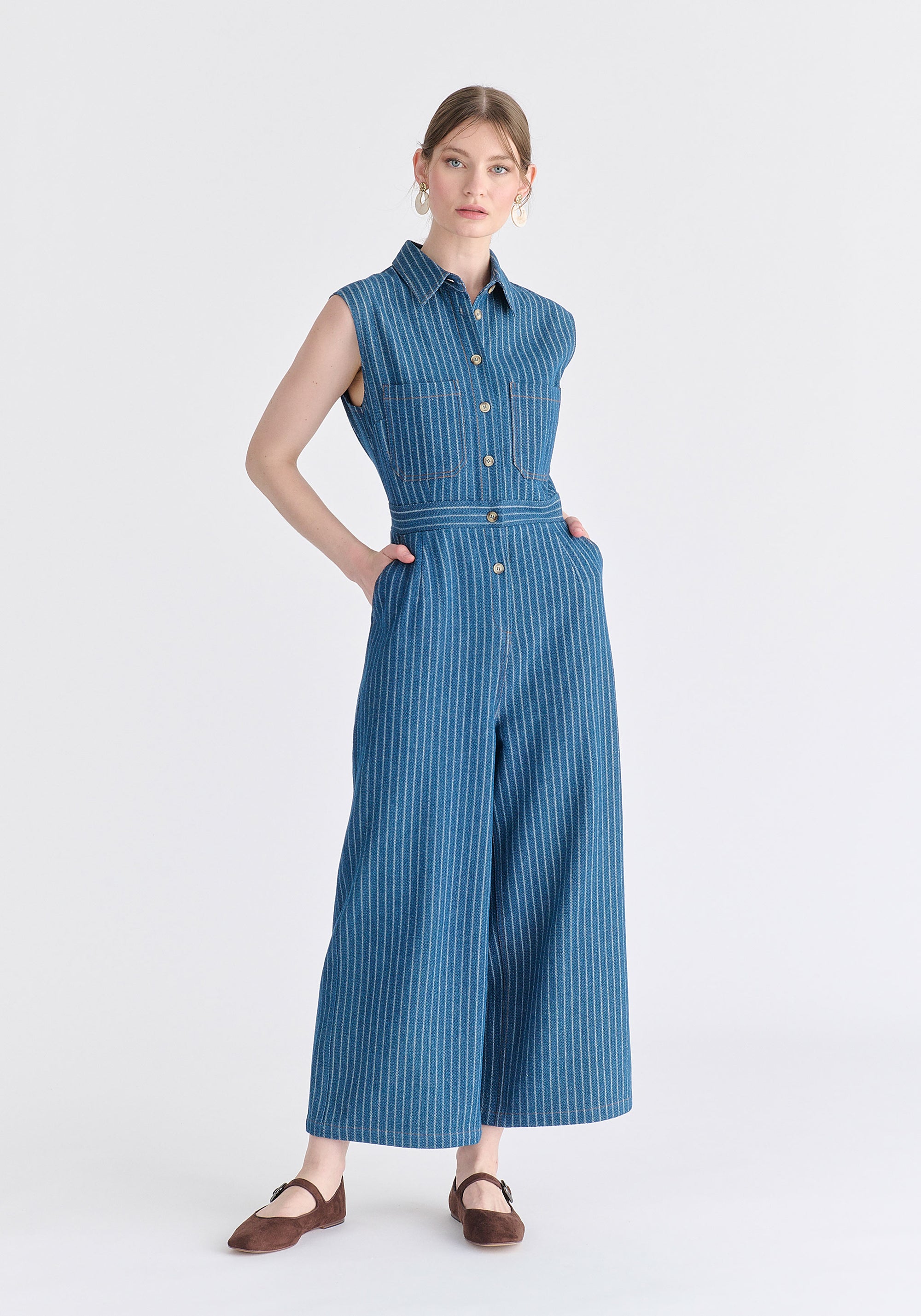 Wide Leg Denim Jumpsuits in Stripes in Denim Blue Front