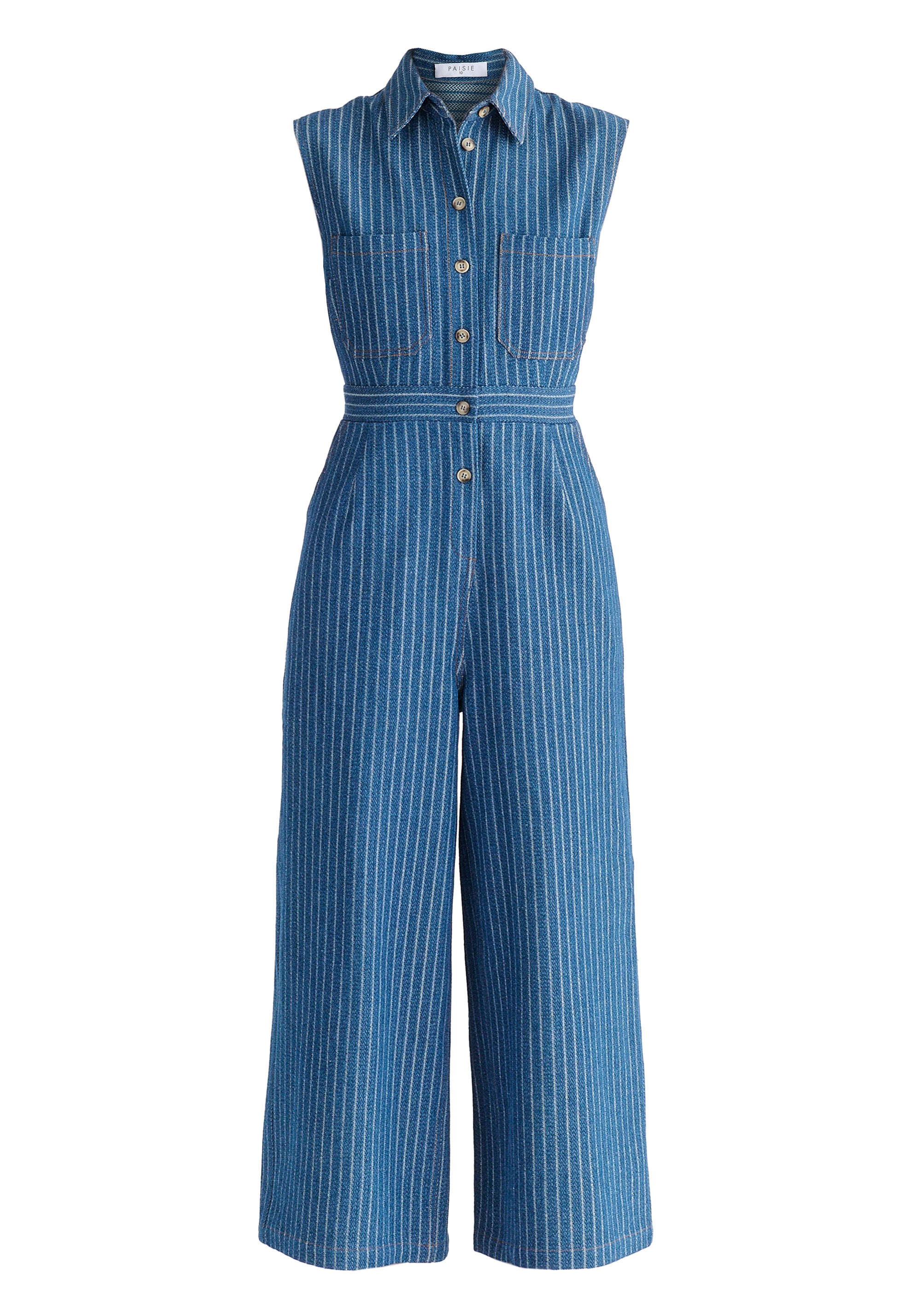 Wide Leg Denim Jumpsuits in Stripes in Denim Blue Cutout