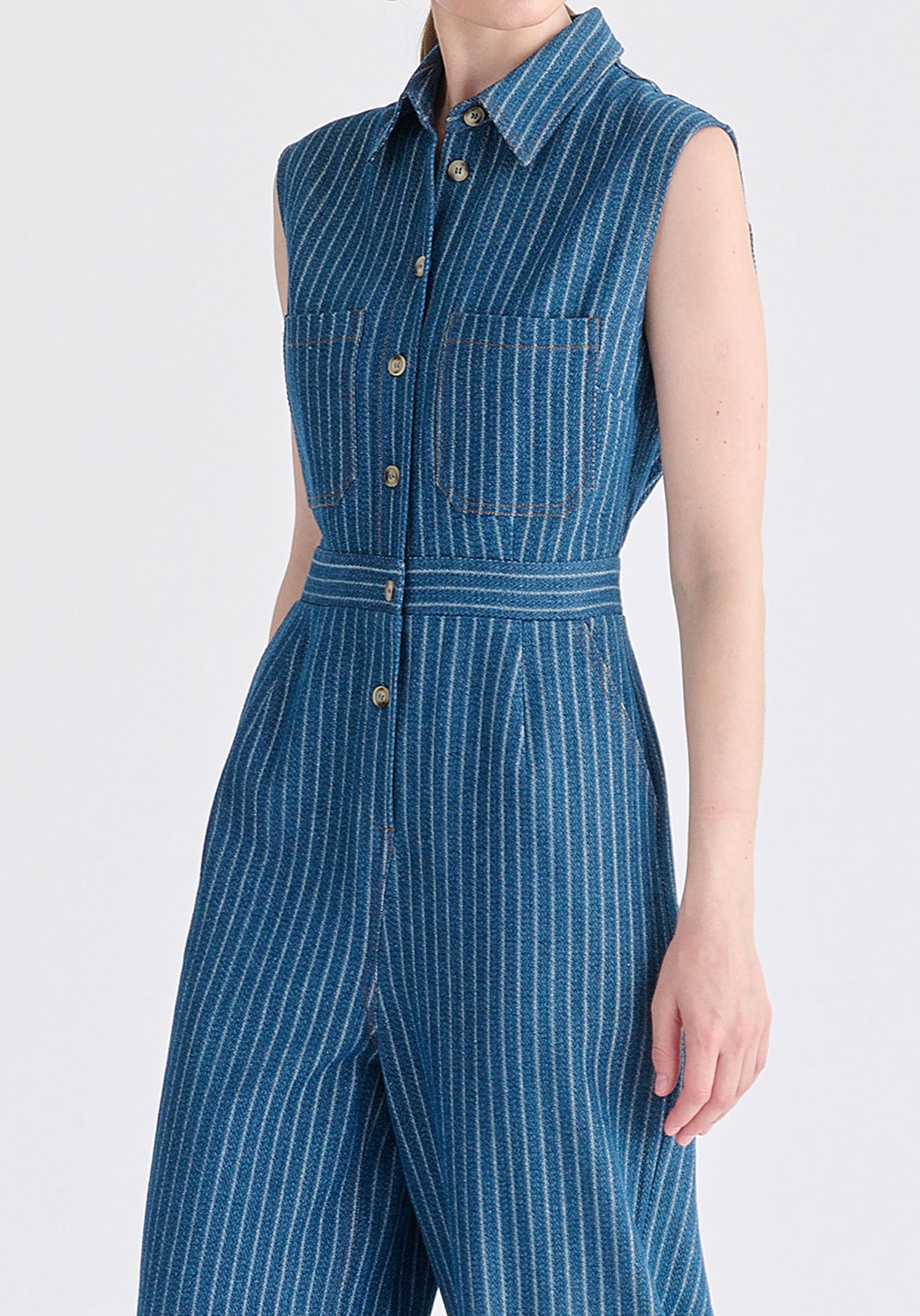 Wide Leg Denim Jumpsuits in Stripes in Denim Blue Closeup