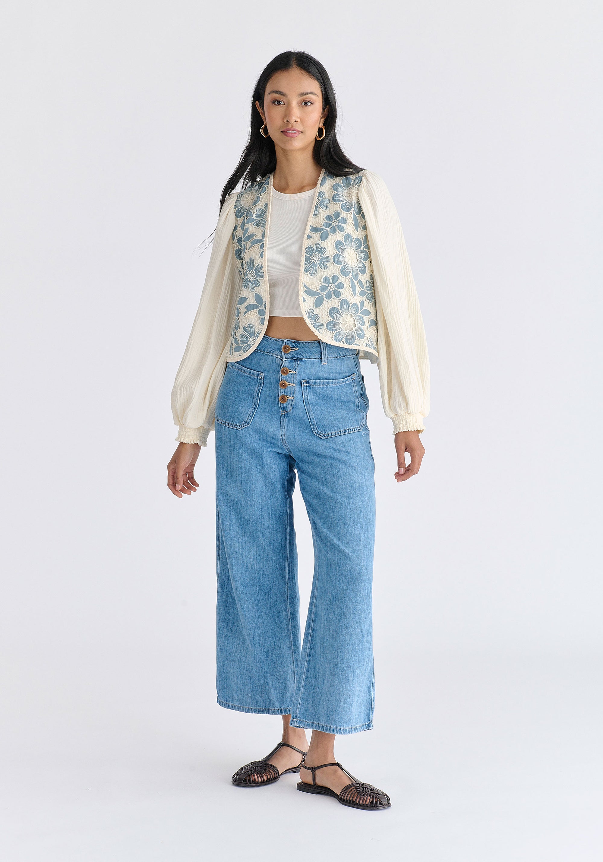 Cutwork Embroidery Cheesecloth Jacket in Light Blue Front