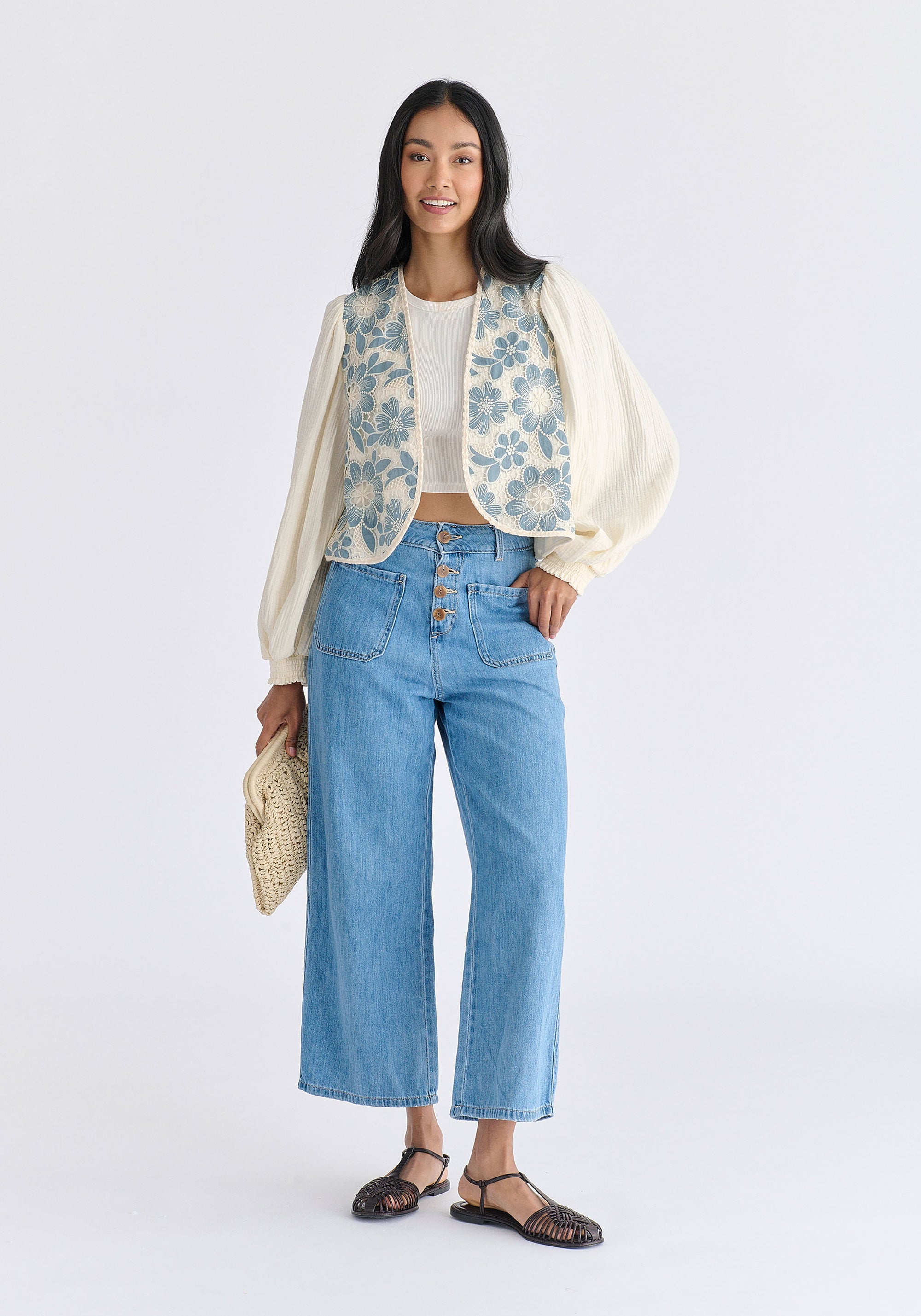 Cutwork Embroidery Cheesecloth Jacket in Light Blue Front