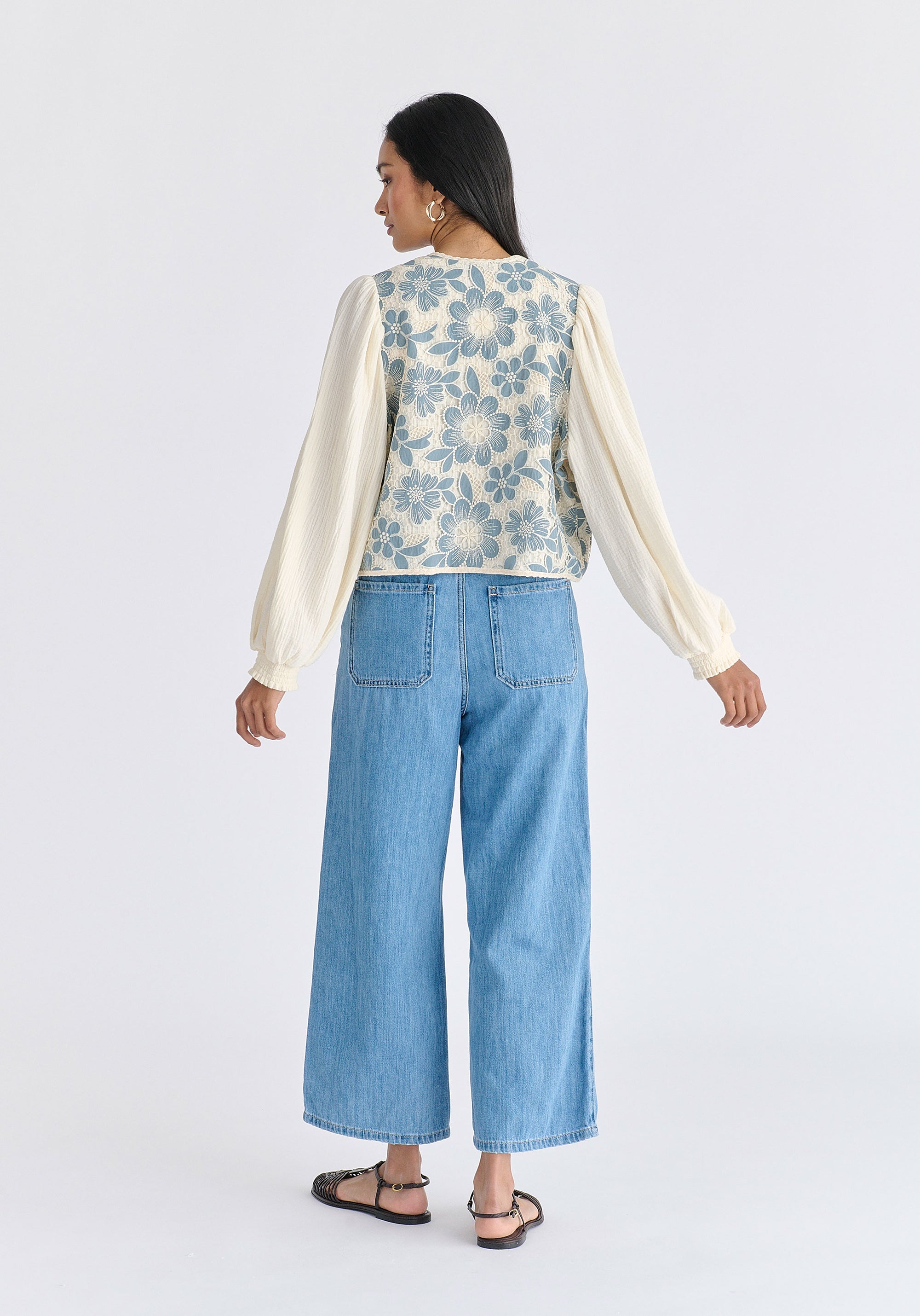 Cutwork Embroidery Cheesecloth Jacket in Light Blue Back
