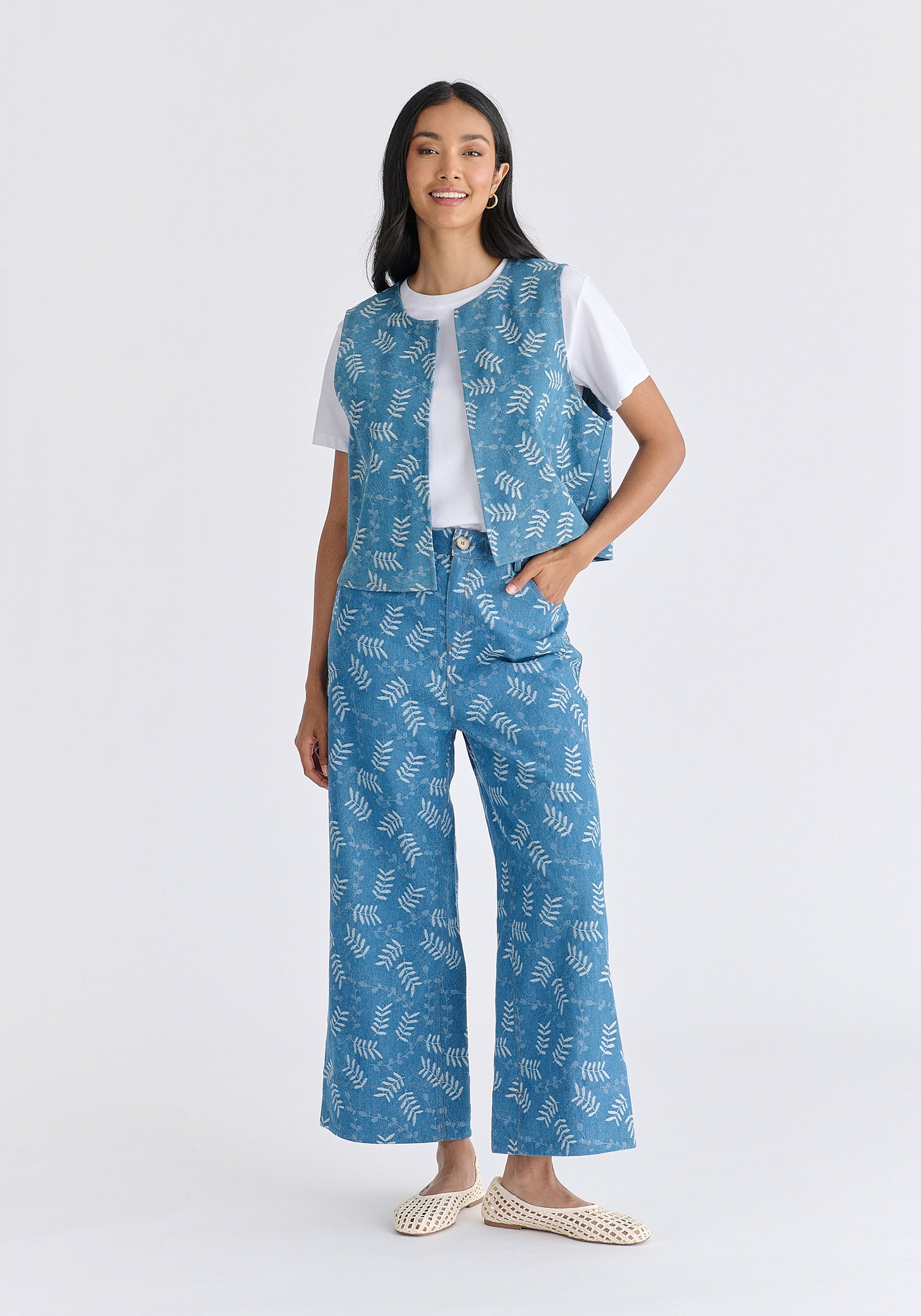 Denim Gilet in Leaf Pattern in Light Blue Denim Front