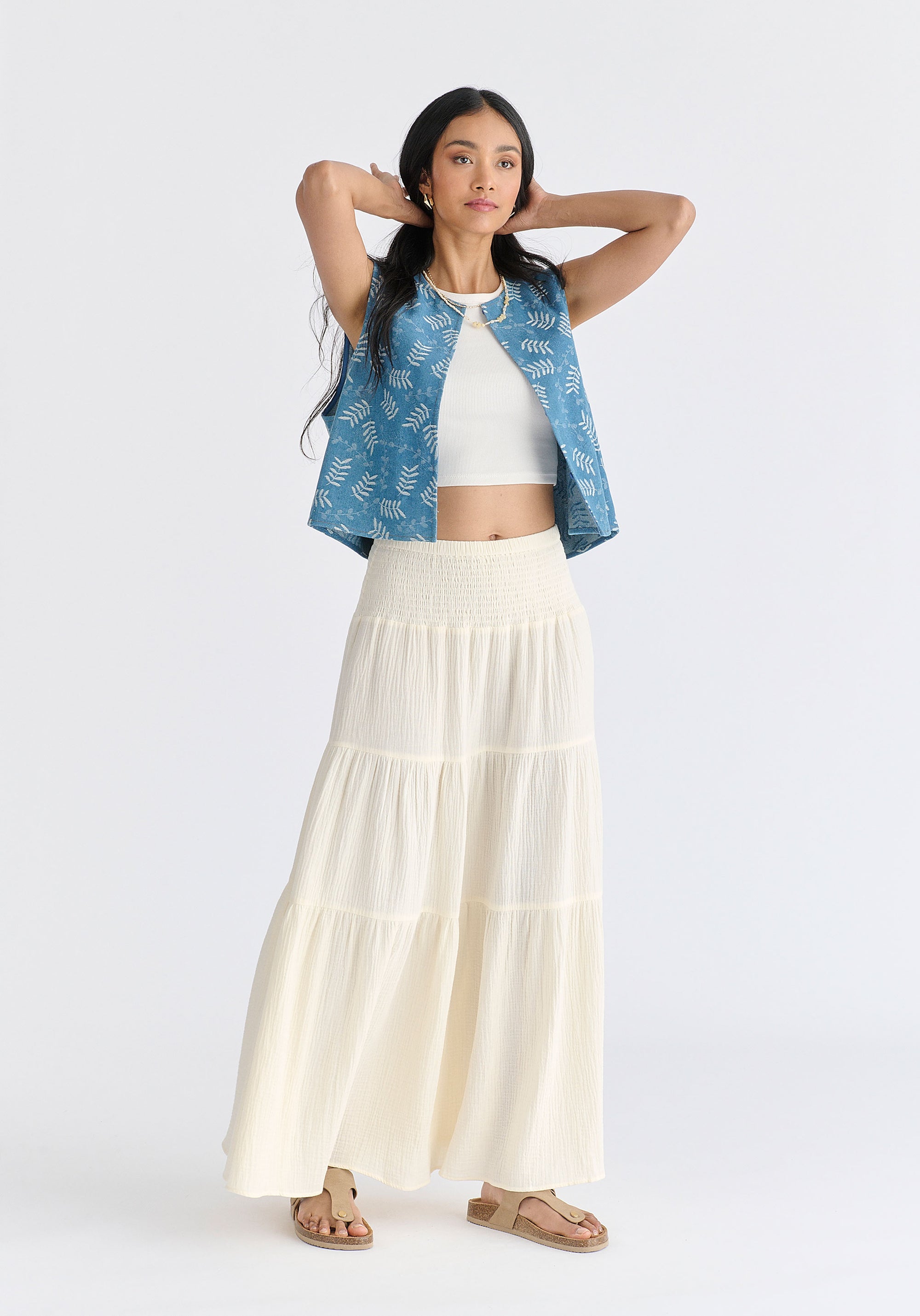 Denim Gilet in Leaf Pattern in Light Blue Denim Front
