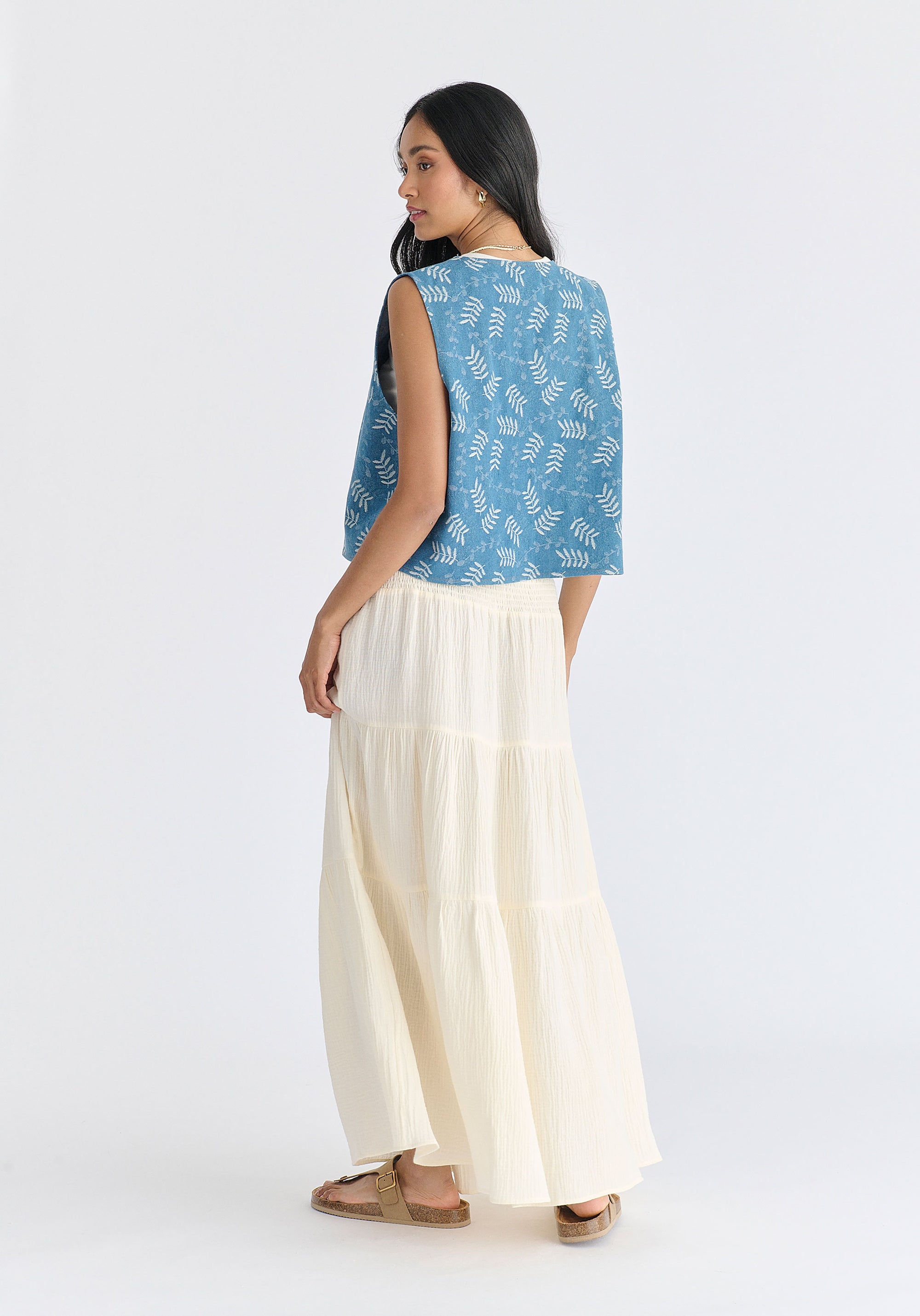 Denim Gilet in Leaf Pattern in Light Blue Denim Back