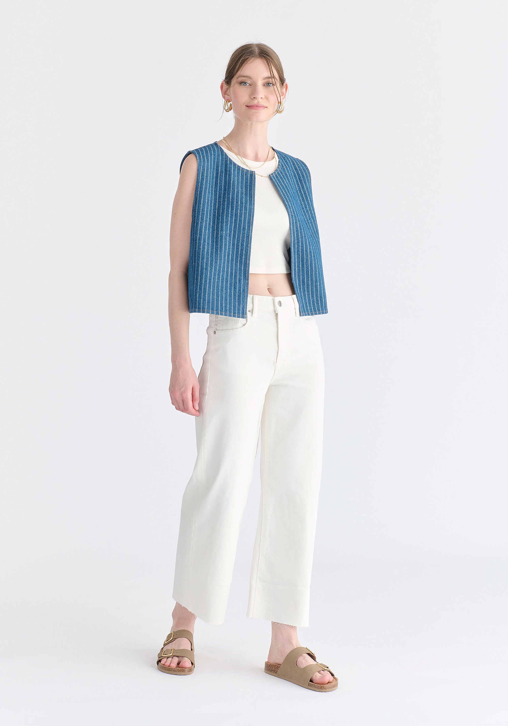 Denim Gilet in Stripes in Denim Blue Front