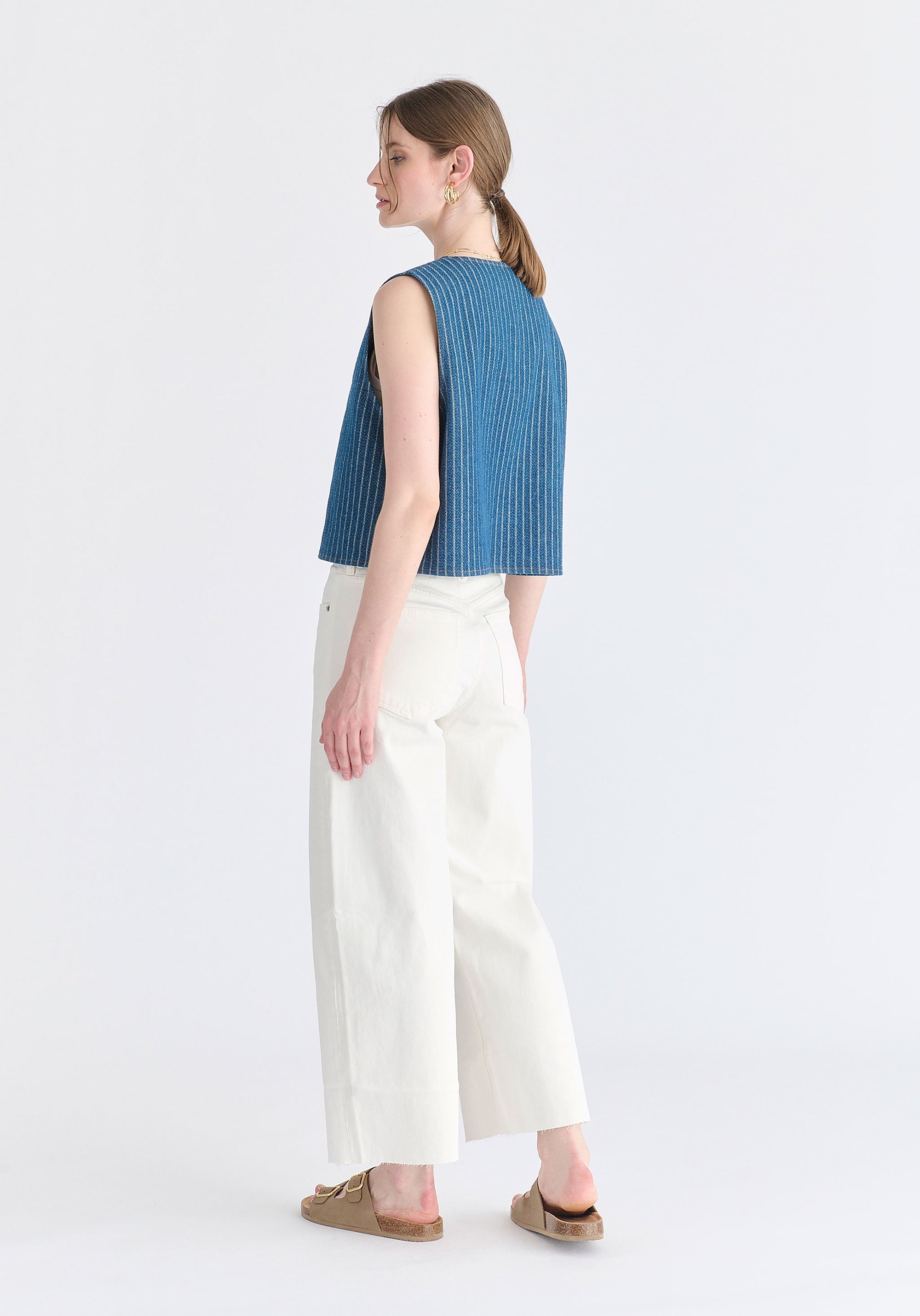 Denim Gilet in Stripes in Denim Blue Back