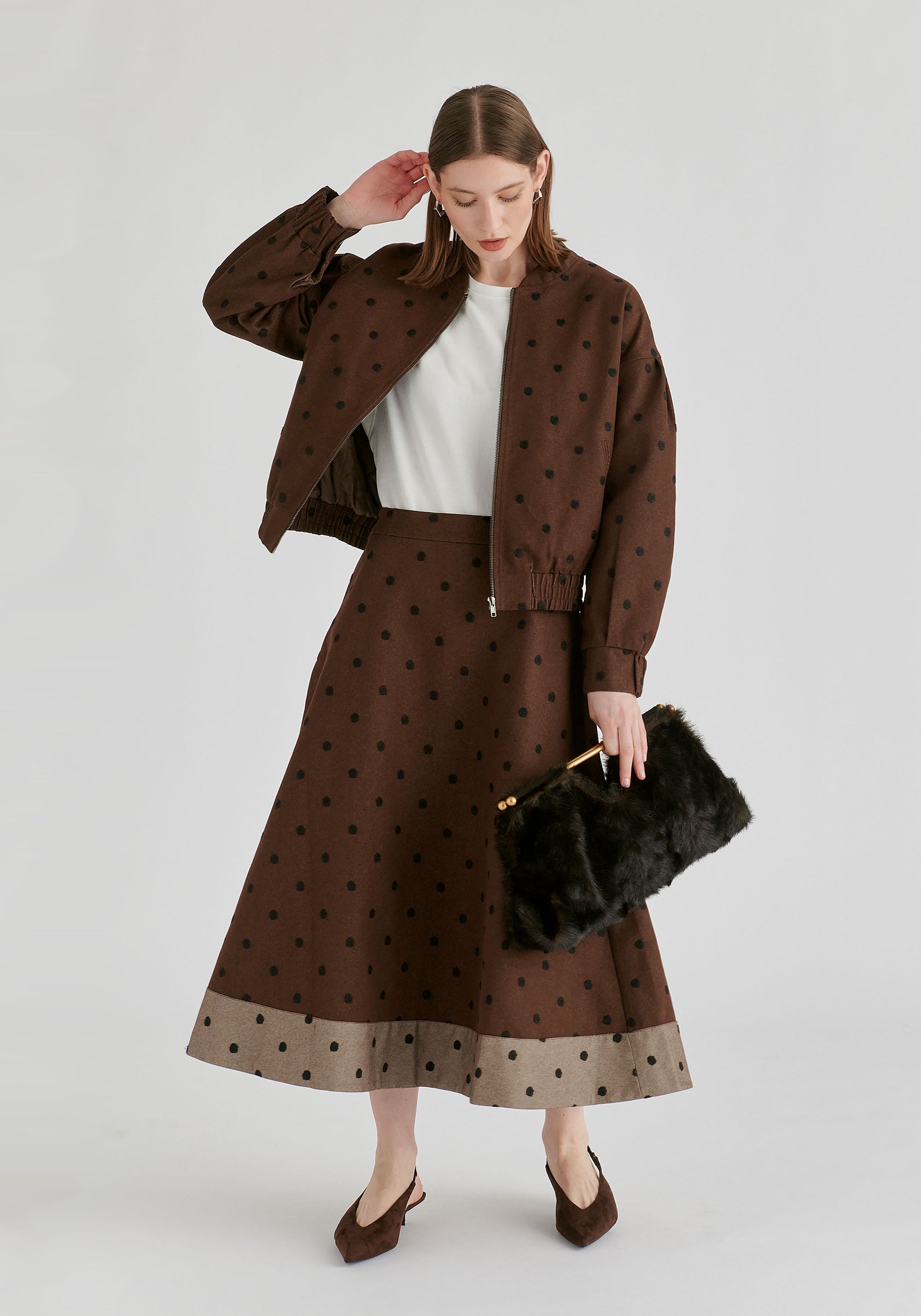 Embroidered Polka Dots Denim Bomber Jacket with Zip Front