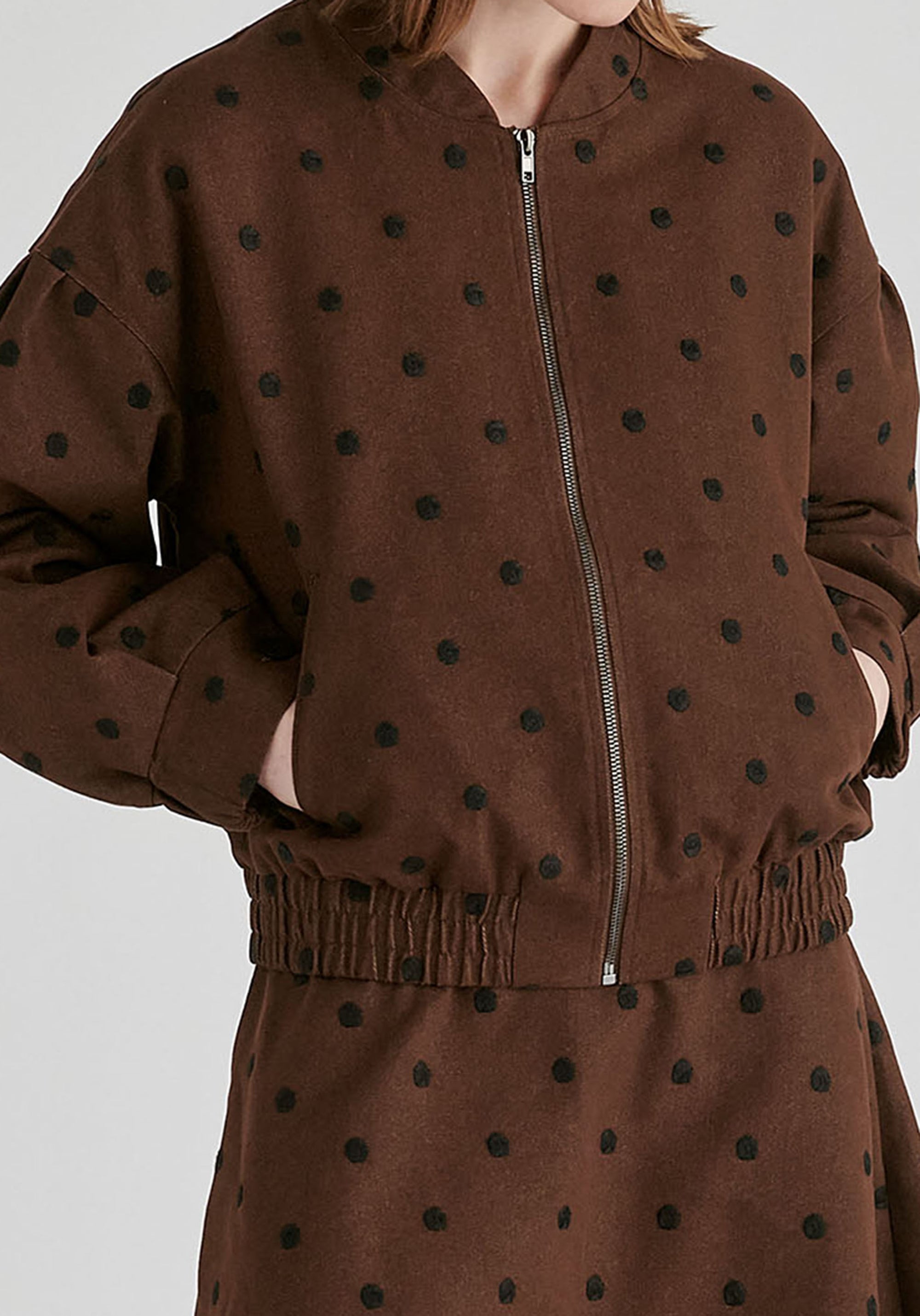 Embroidered Polka Dots Denim Bomber Jacket with Zip Front