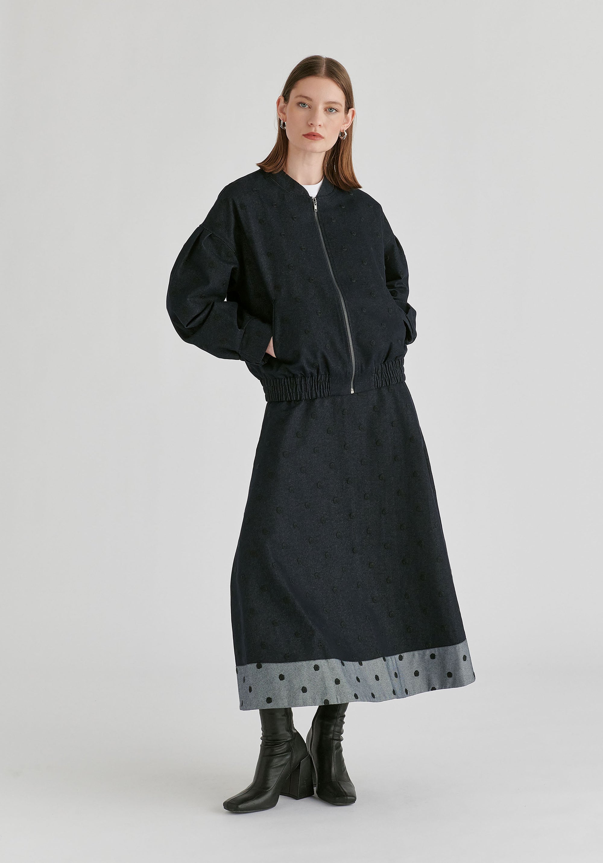 Embroidered Polka Dots Denim Bomber Jacket with Zip Front