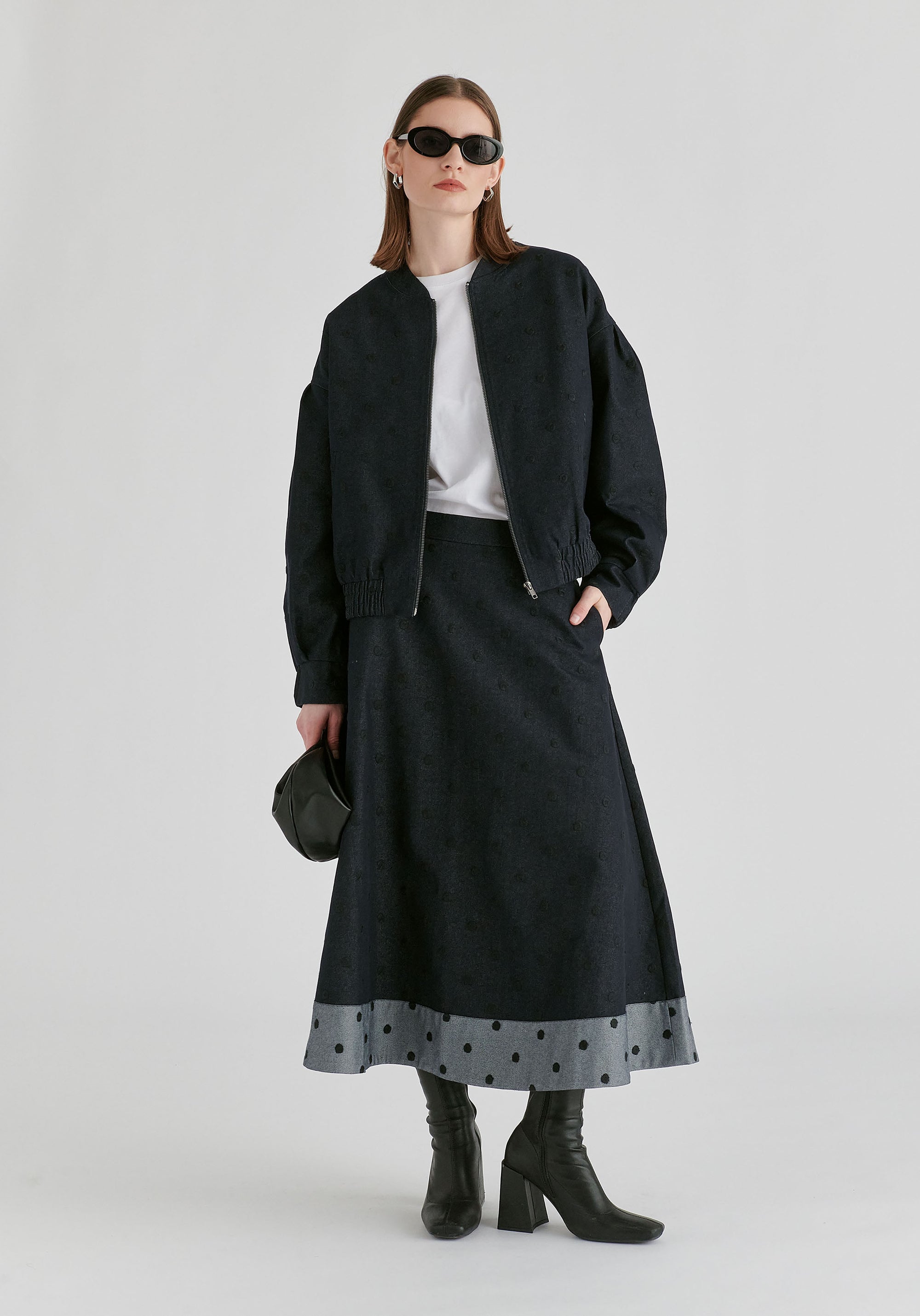 Embroidered Polka Dots Denim Bomber Jacket with Zip Front