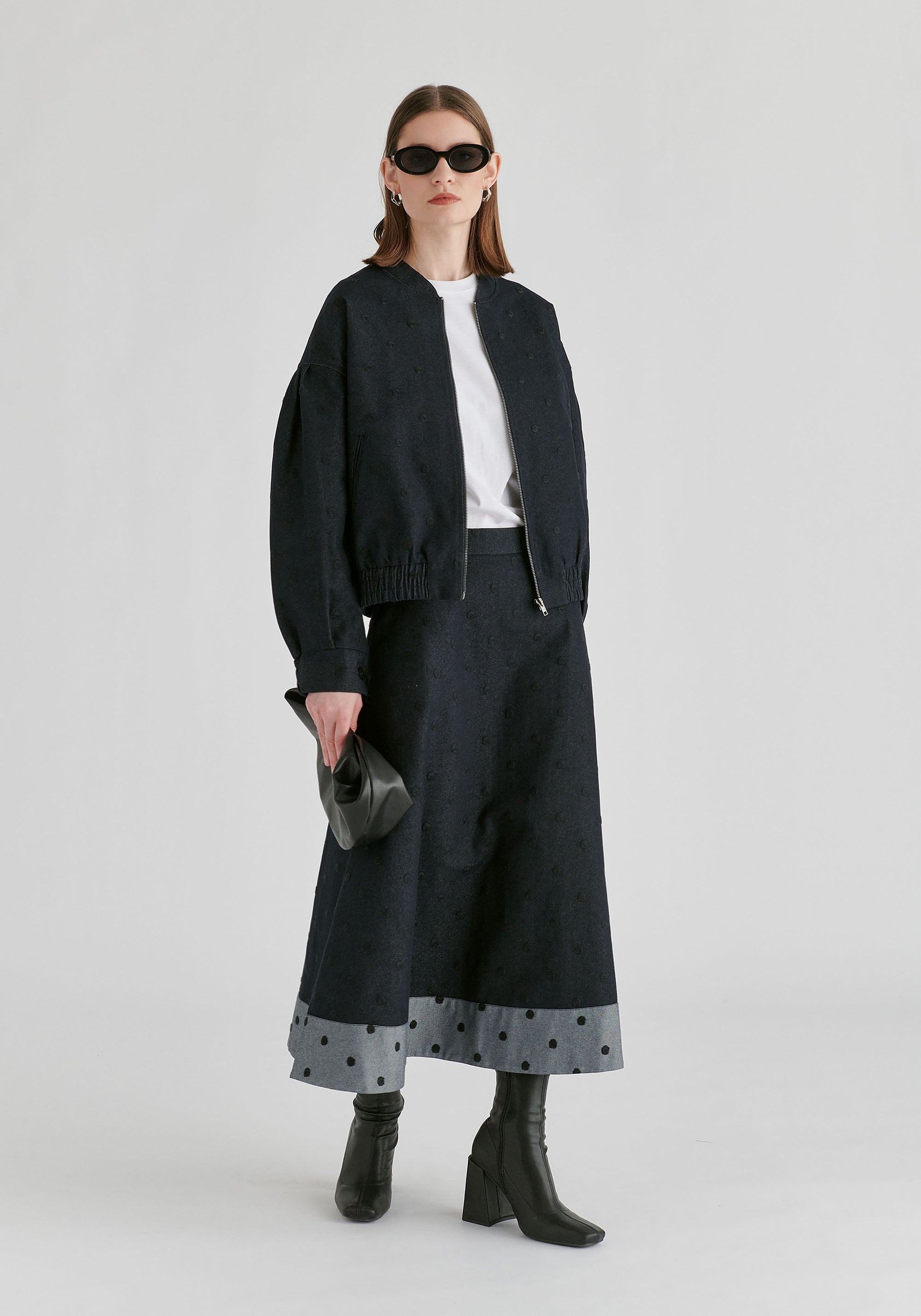 Embroidered Polka Dots Denim Bomber Jacket with Zip Front