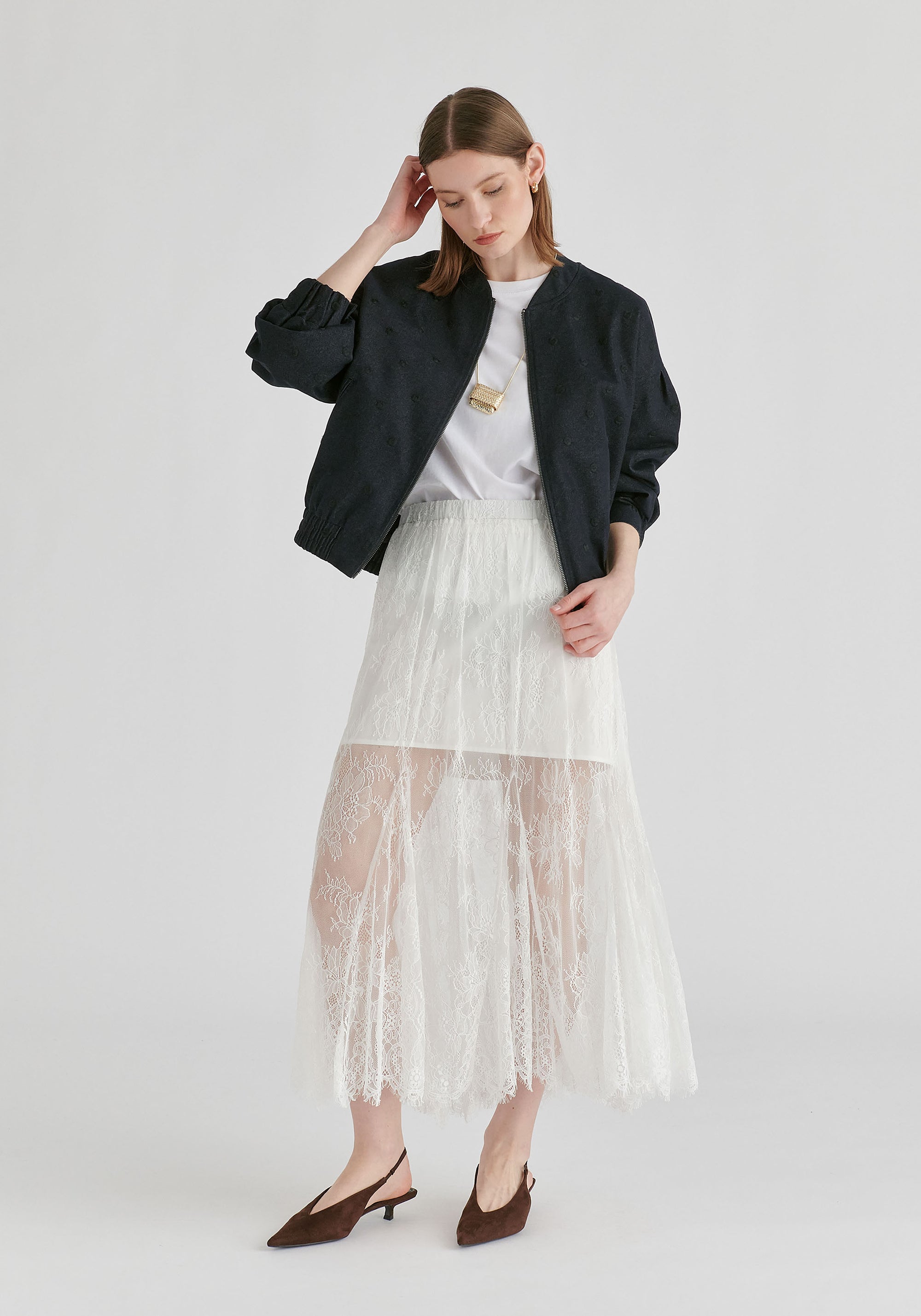 Embroidered Polka Dots Denim Bomber Jacket with Zip Front