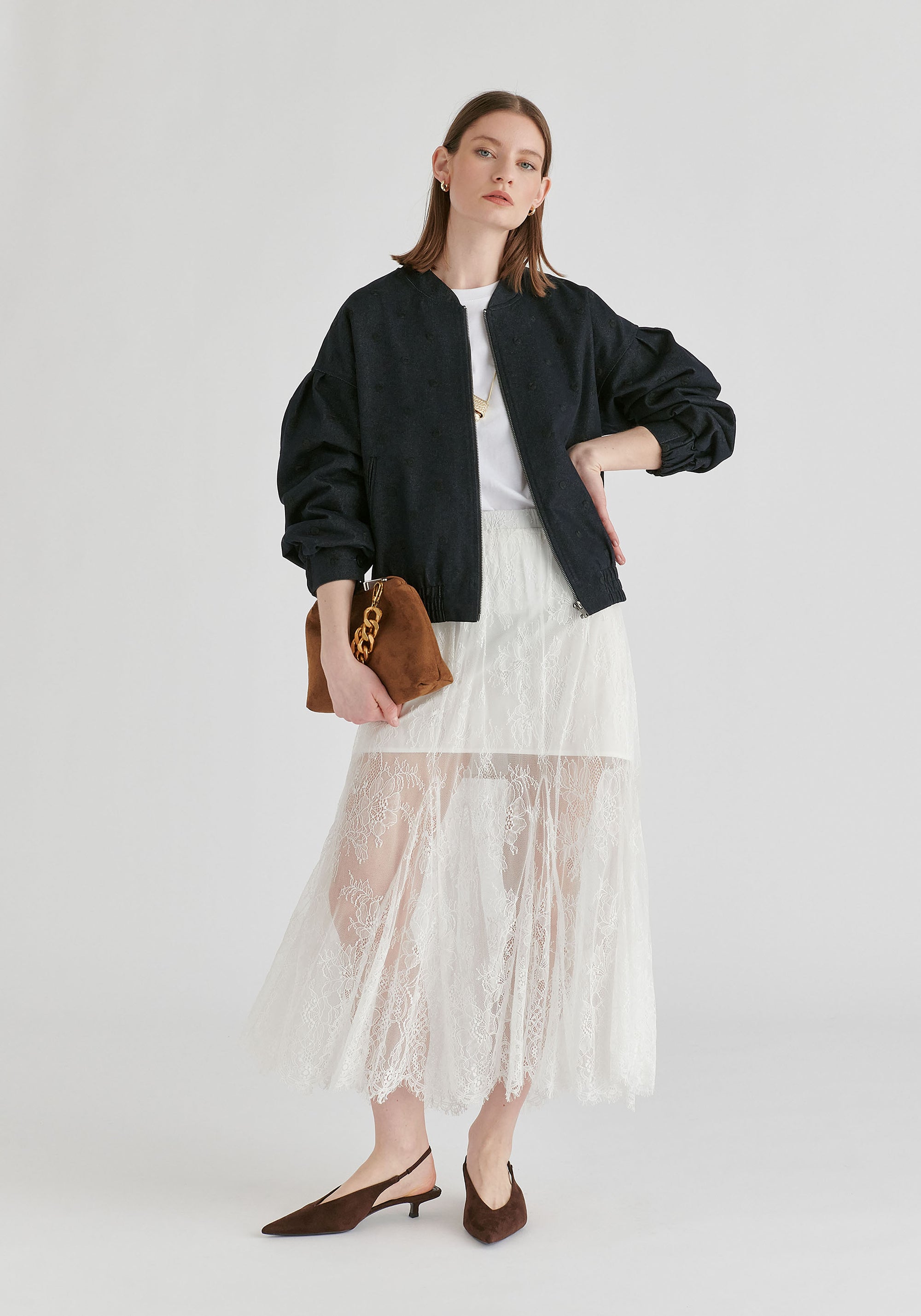 Embroidered Polka Dots Denim Bomber Jacket with Zip Front