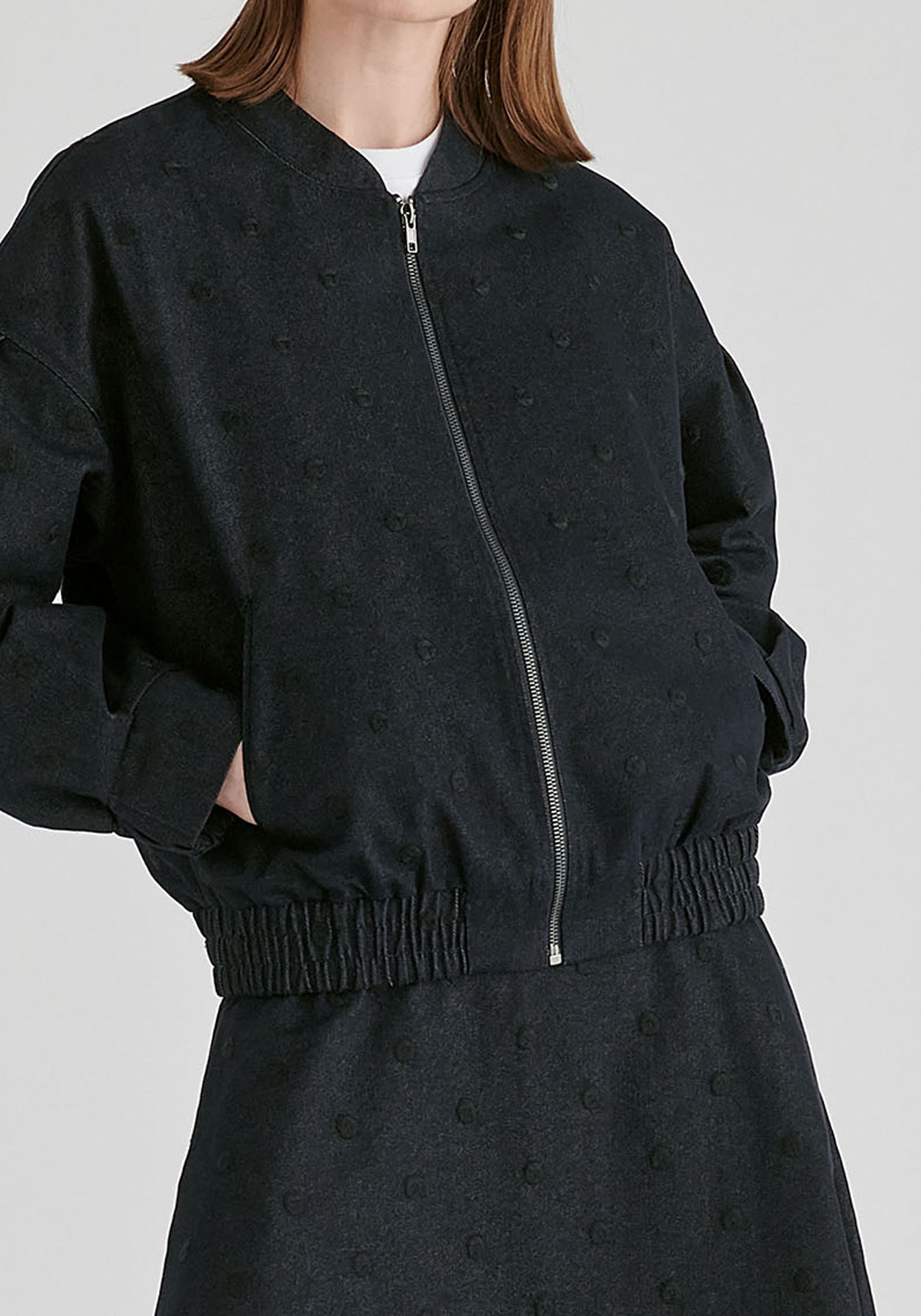 Embroidered Polka Dots Denim Bomber Jacket with Zip Front