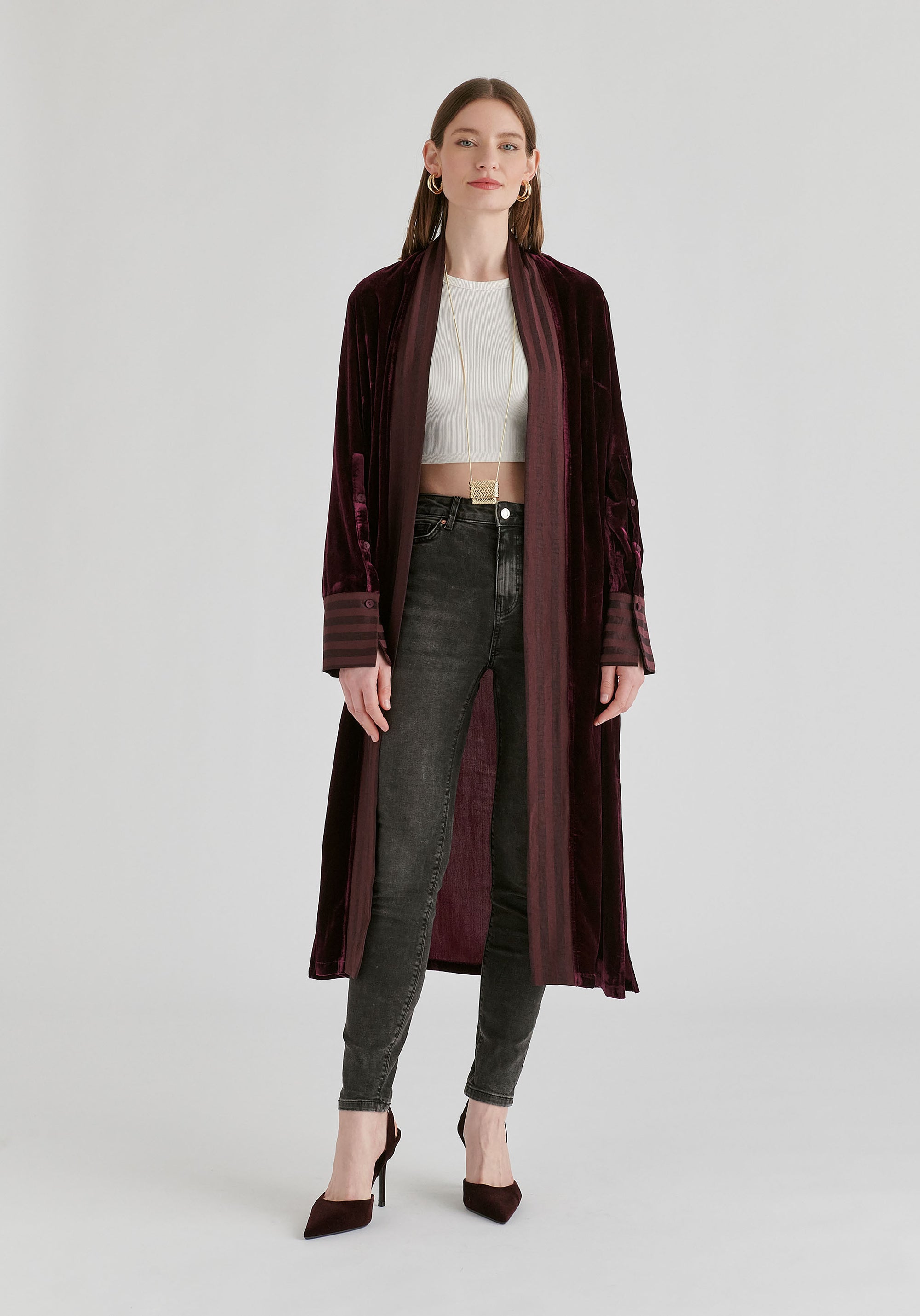 Velvet Open-Front Duster Coat with Striped Contrast Panels