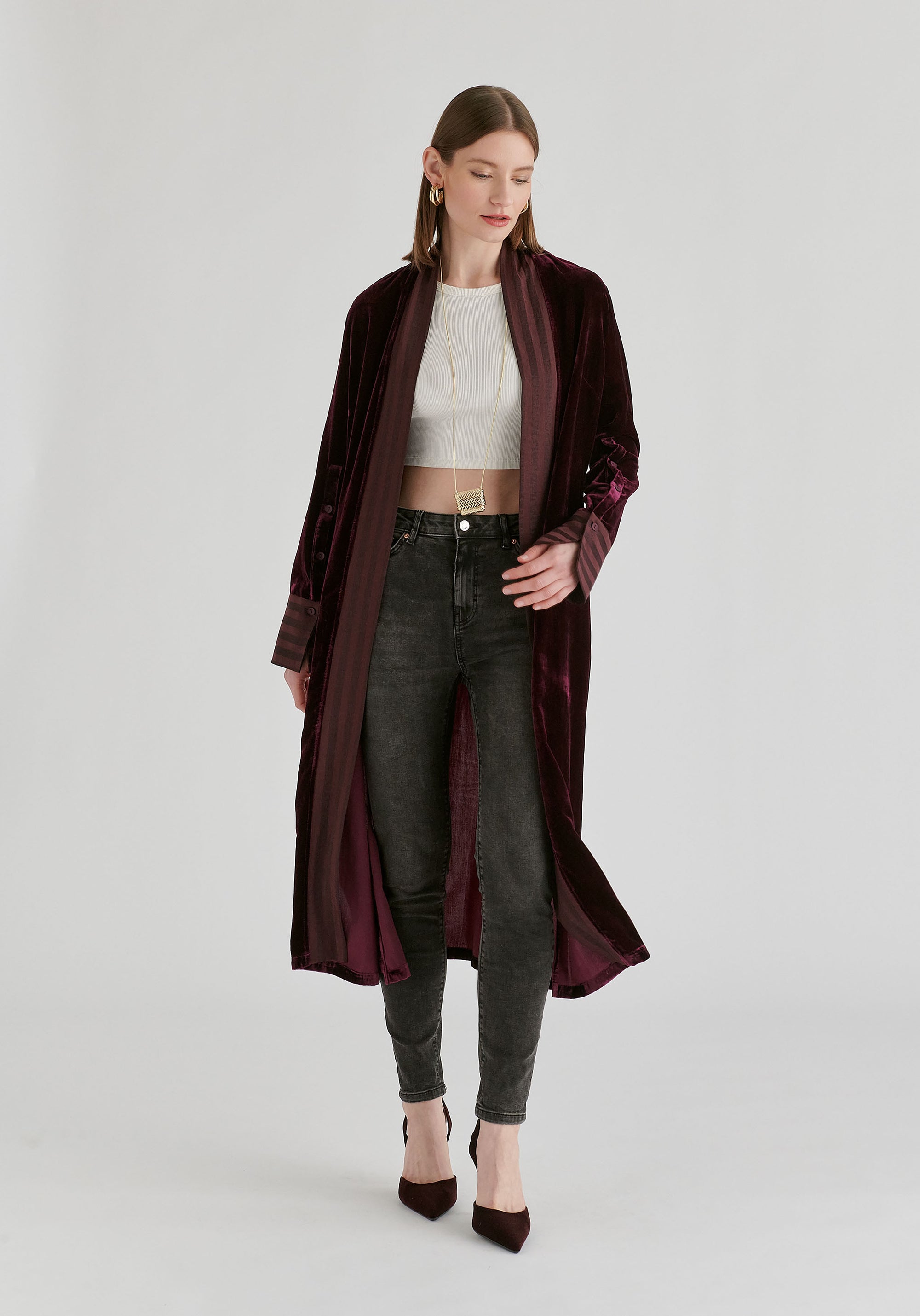 Velvet Open-Front Duster Coat with Striped Contrast Panels