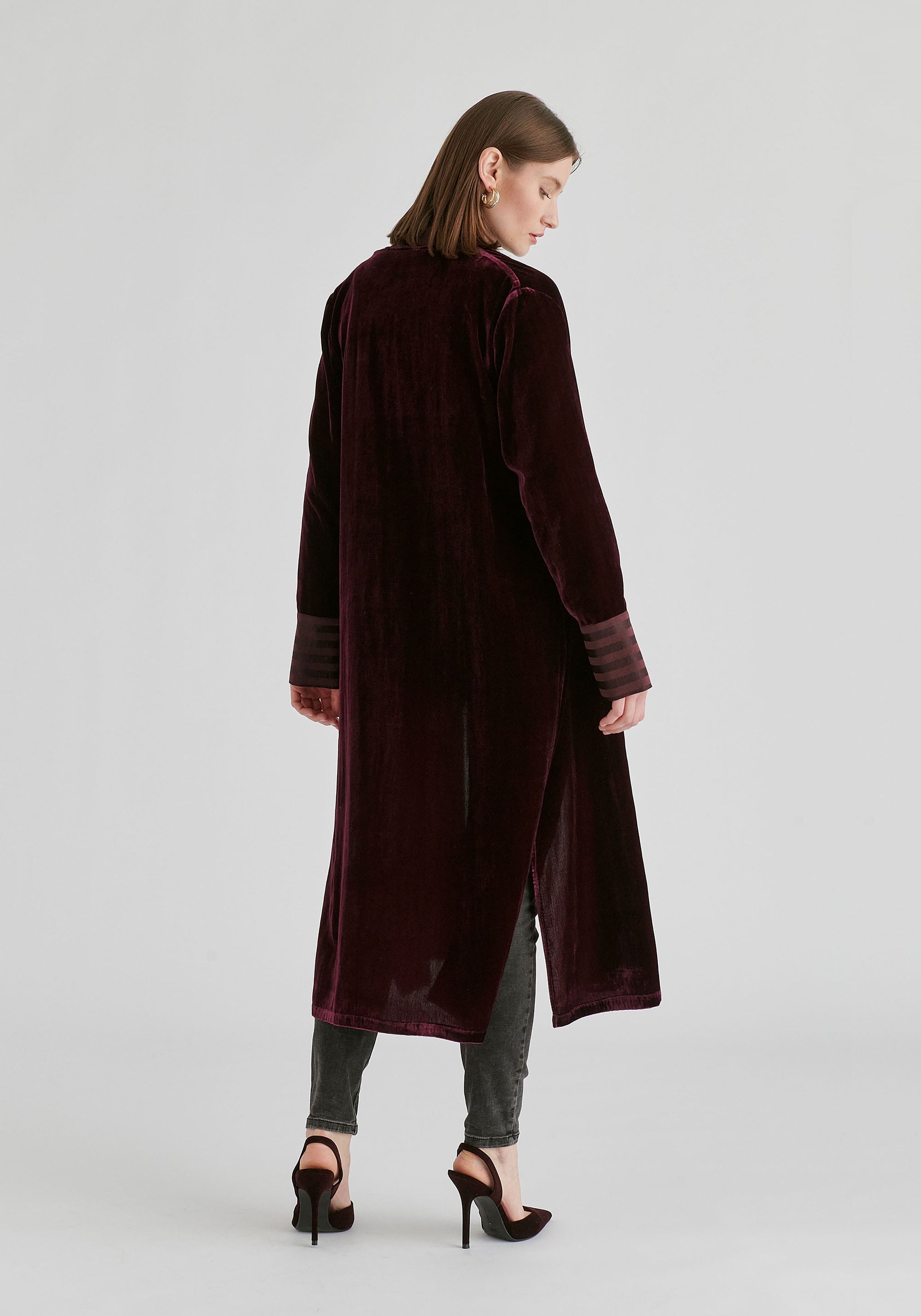 Velvet Open-Front Duster Coat with Striped Contrast Panels
