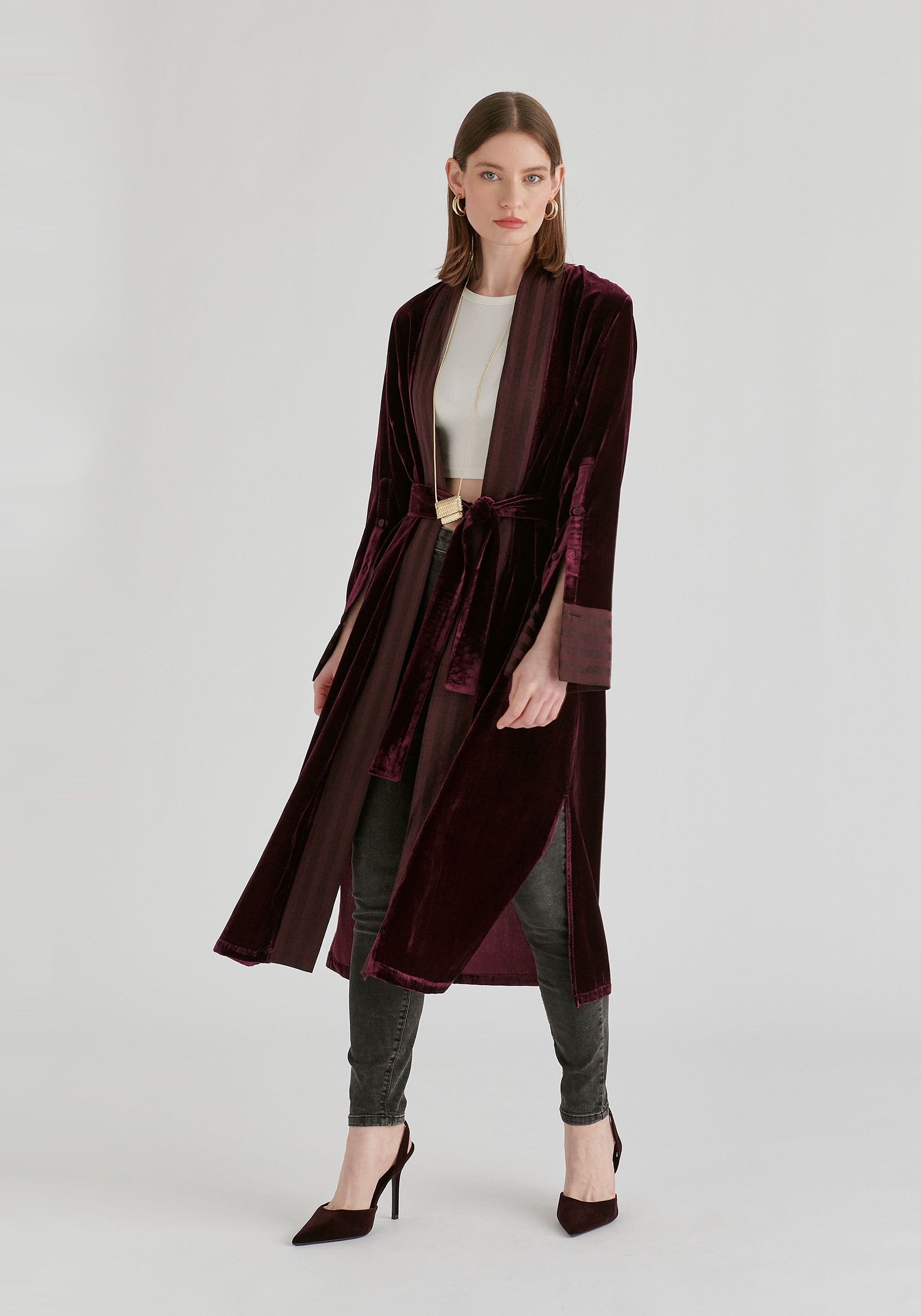 Velvet Open-Front Duster Coat with Striped Contrast Panels