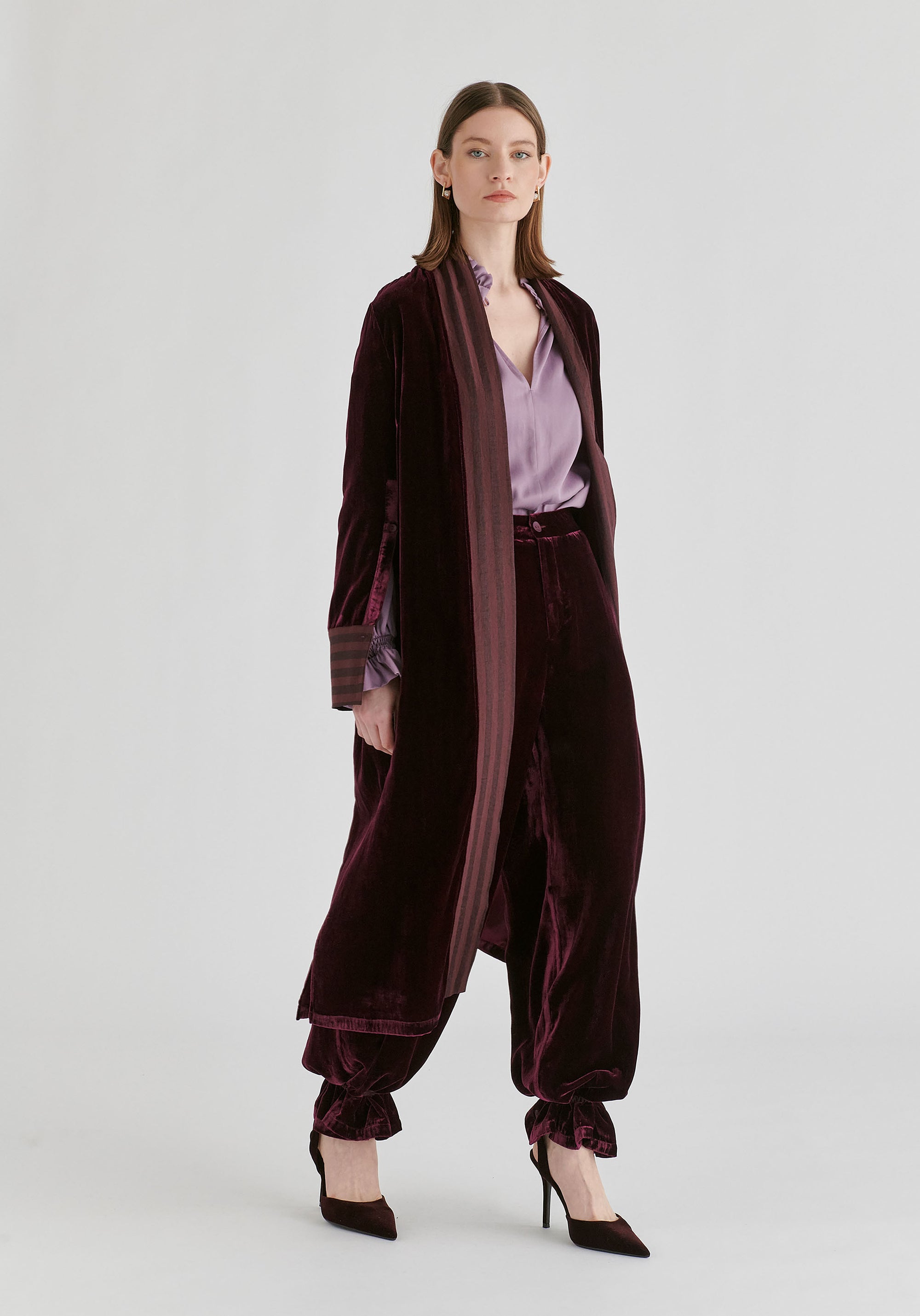 Velvet Open-Front Duster Coat with Striped Contrast Panels