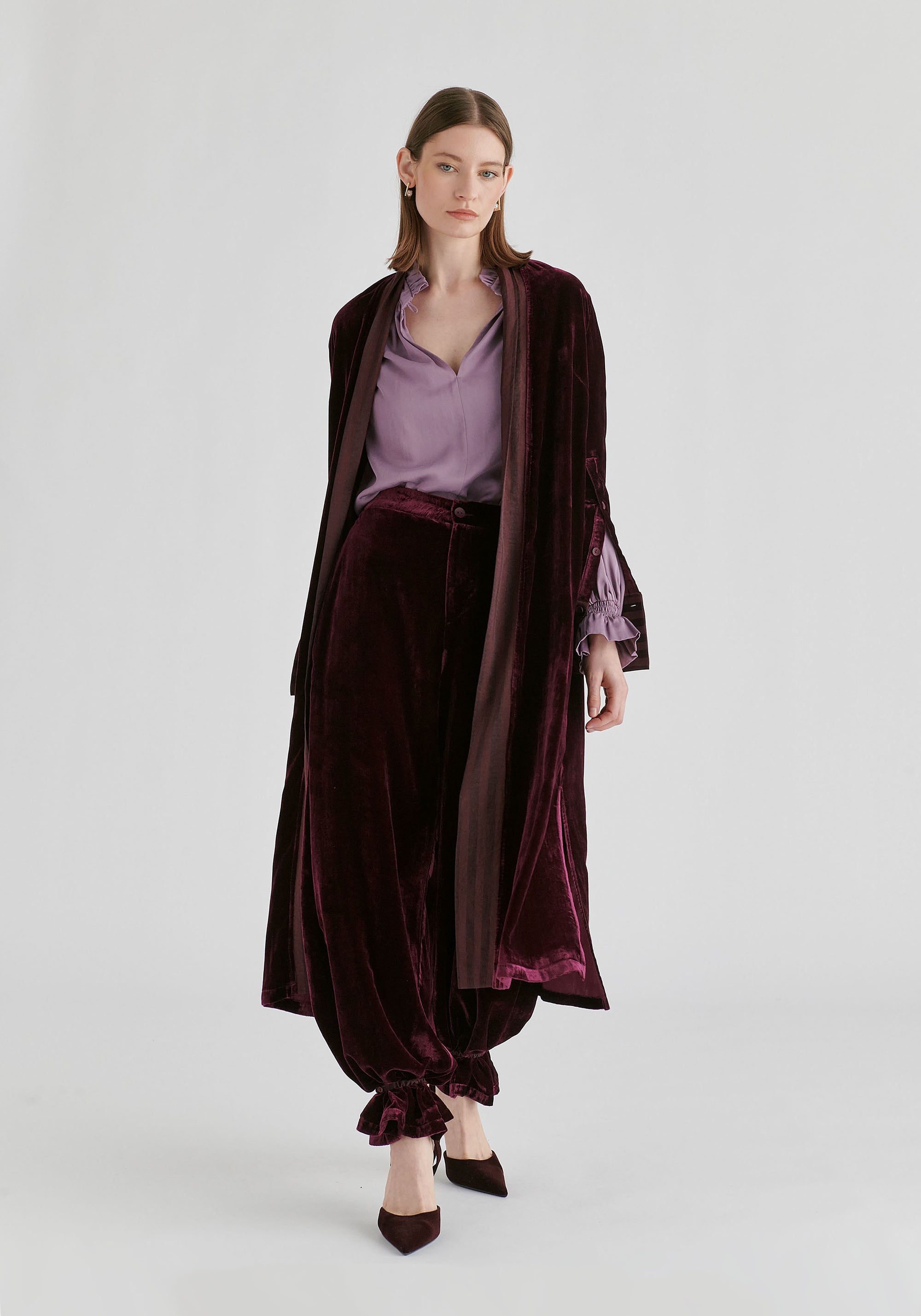 Velvet Open-Front Duster Coat with Striped Contrast Panels