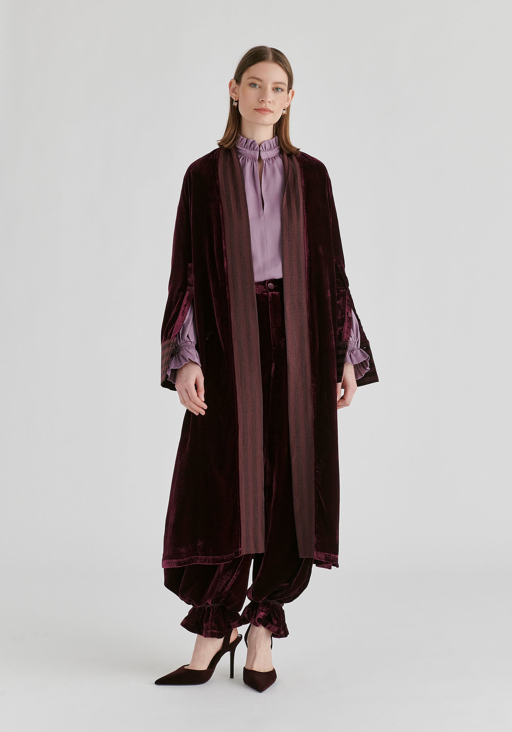 Velvet Open-Front Duster Coat with Striped Contrast Panels