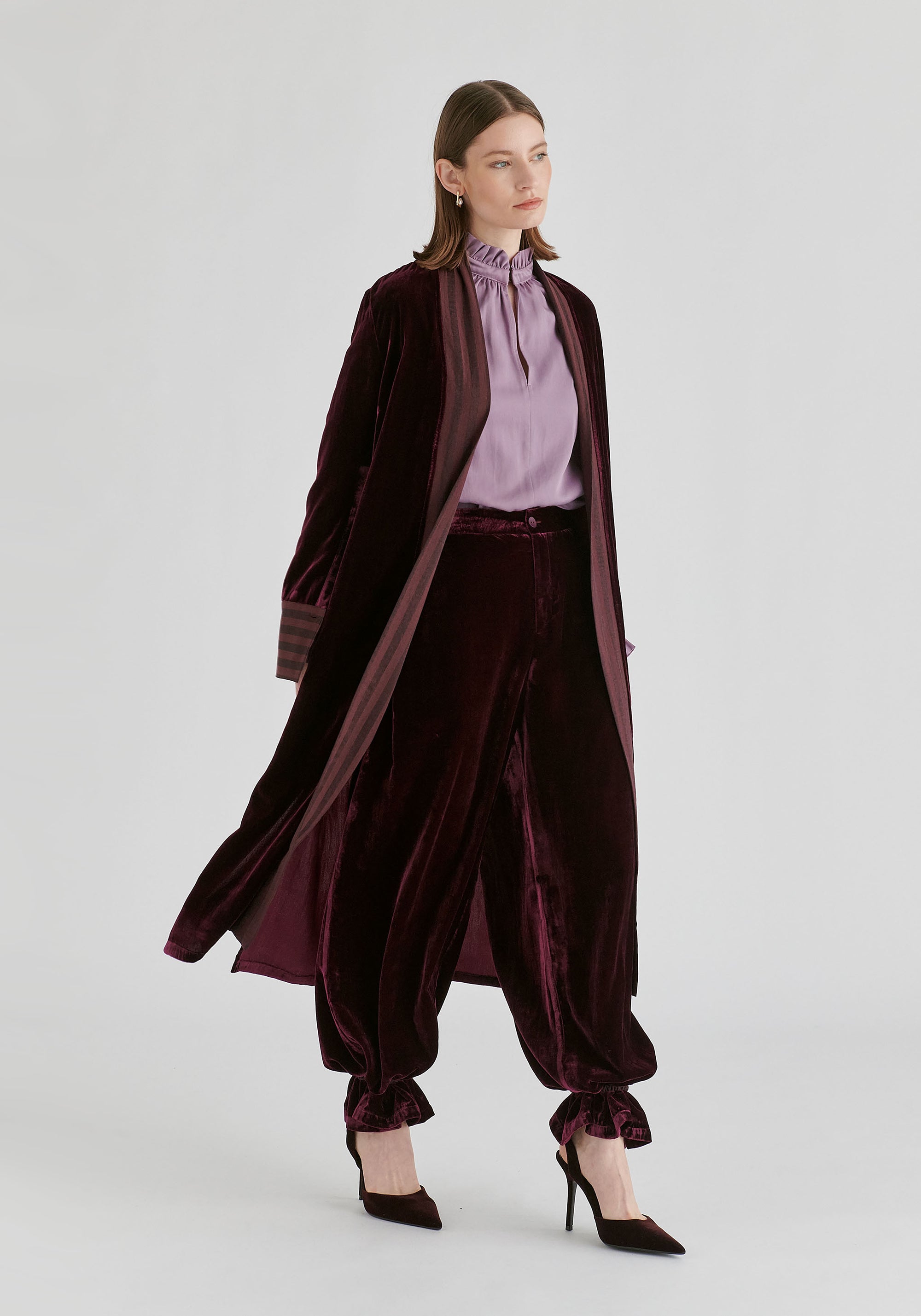 Velvet Open-Front Duster Coat with Striped Contrast Panels