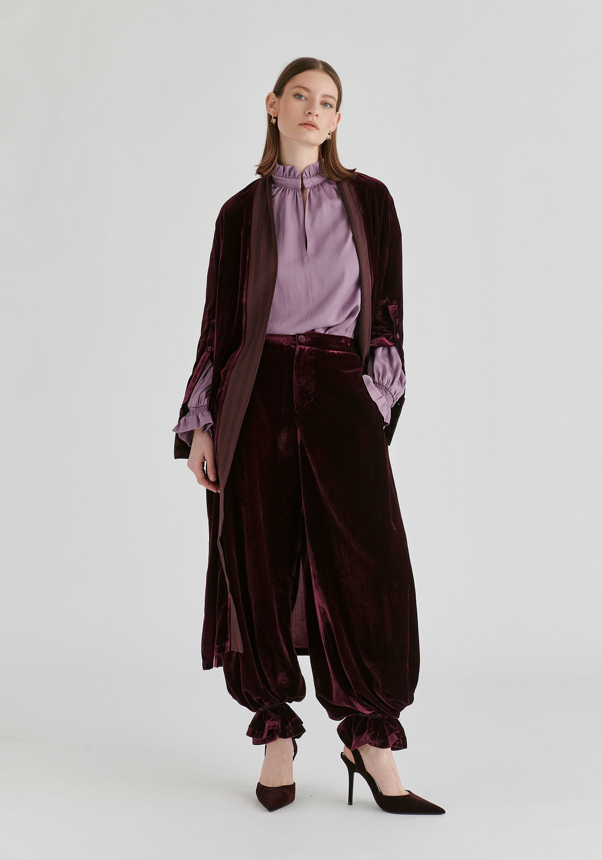 Velvet Open-Front Duster Coat with Striped Contrast Panels