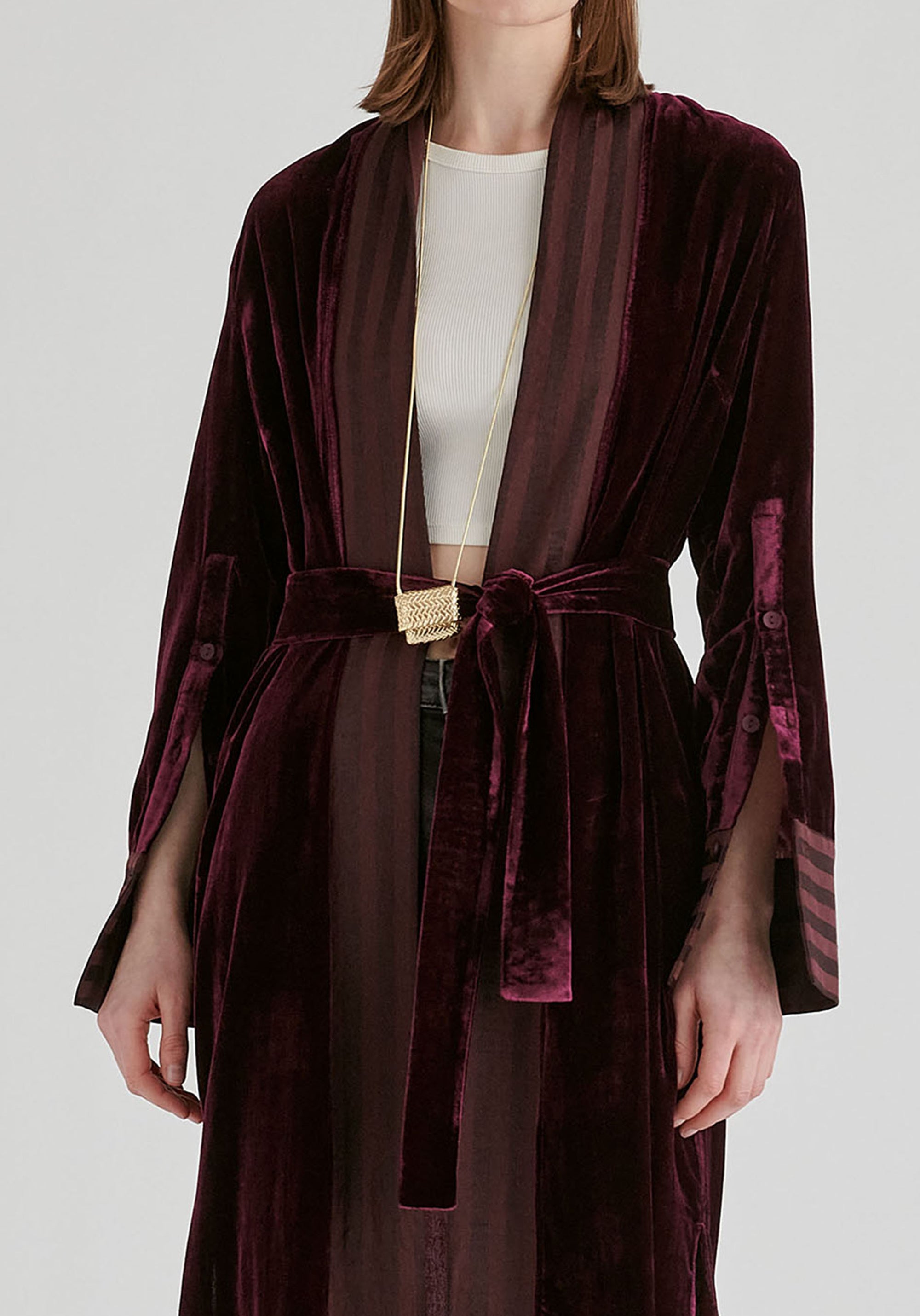 Velvet Open-Front Duster Coat with Striped Contrast Panels