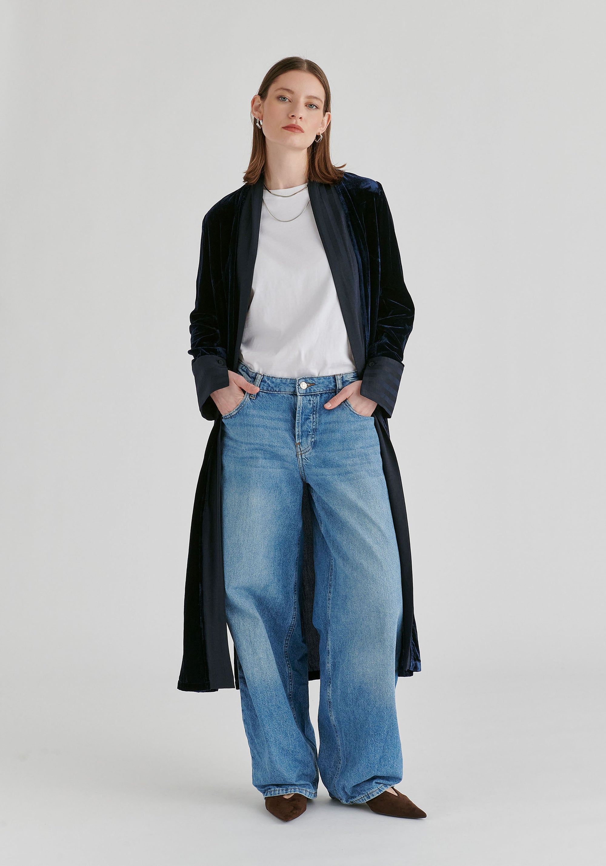 Velvet Open-Front Duster Coat with Striped Contrast Panels in Navy Front