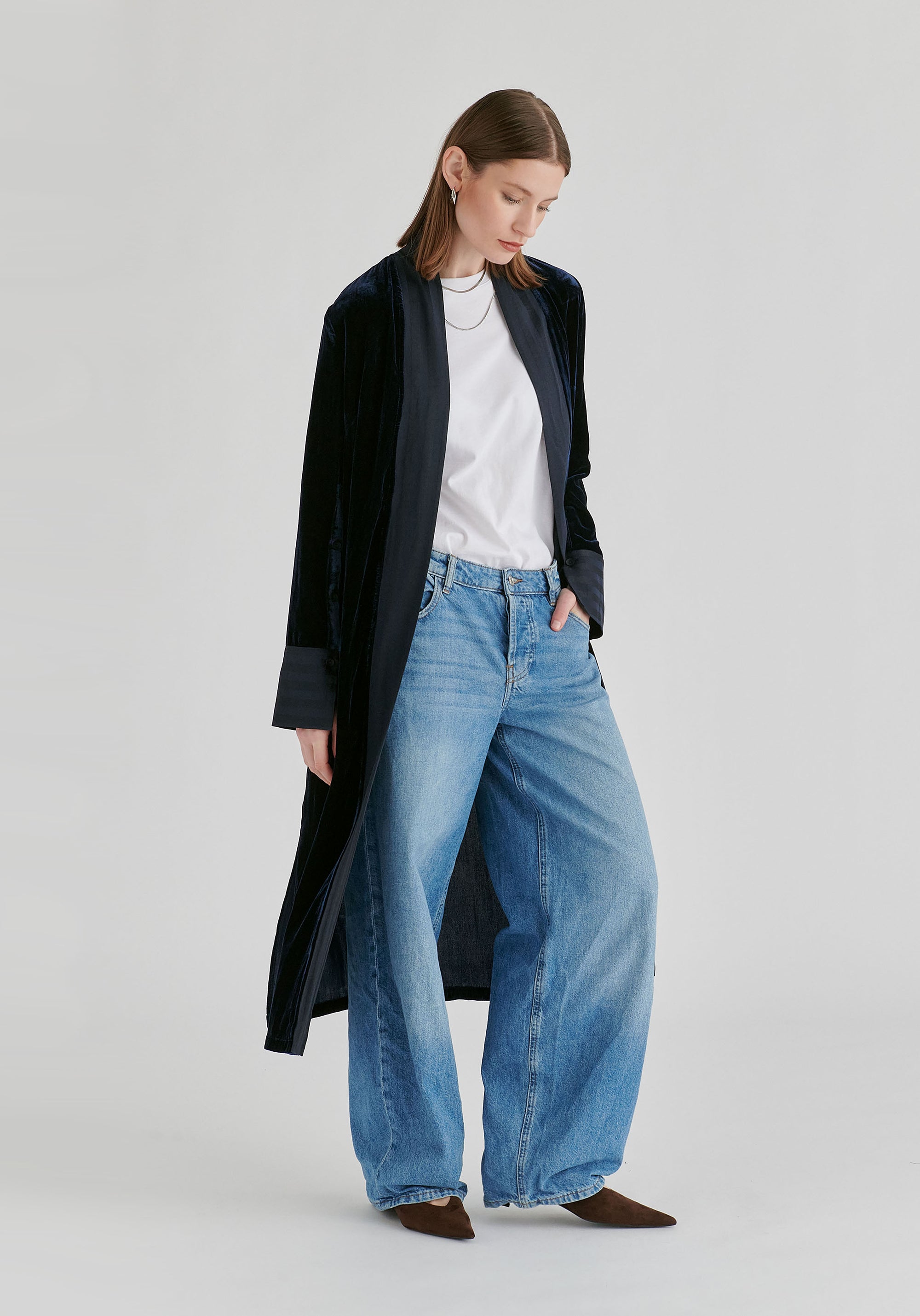 Velvet Open-Front Duster Coat with Striped Contrast Panels in Navy Side
